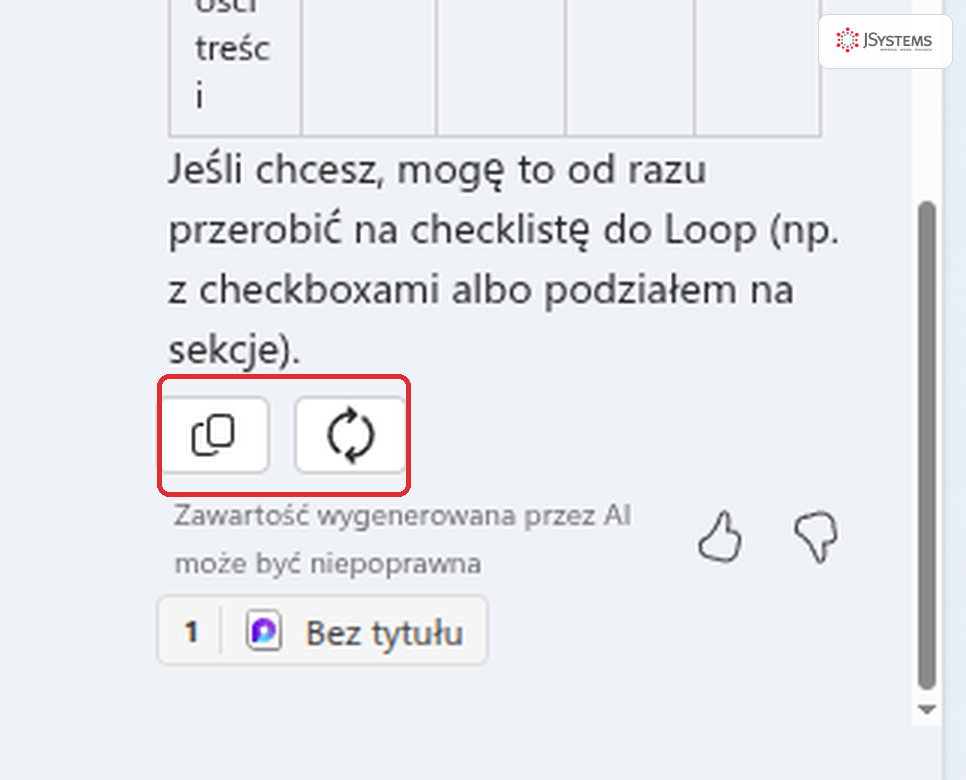 Zbliżenie na dolną część odpowiedzi Copilota w panelu Loopa: cztery przyciski Kopiuj, Wygeneruj ponownie, Lubię to i Nie lubię tego, z zaznaczonym przyciskiem Kopiuj