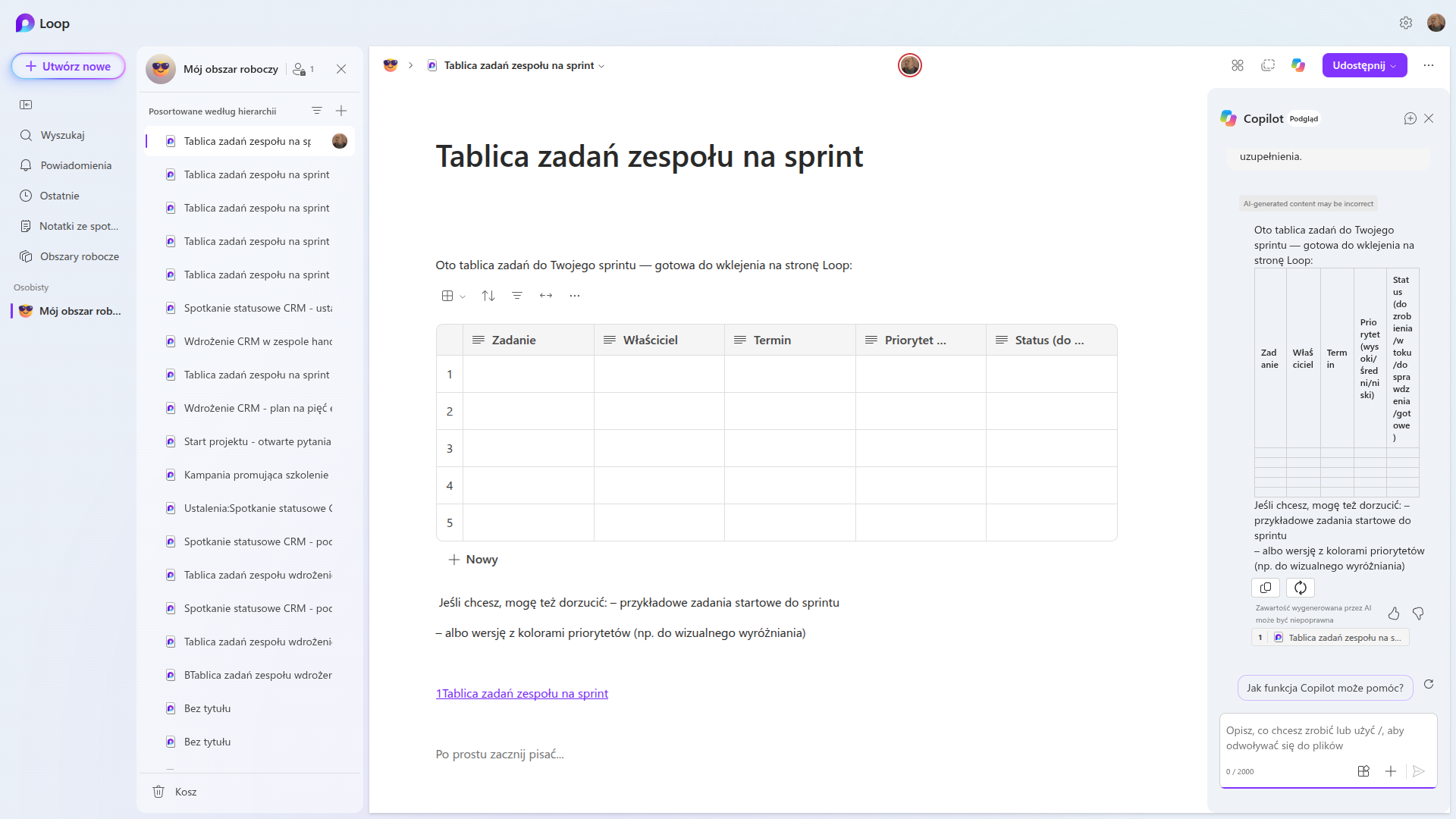 Strona Loop Tablica zadań zespołu na sprint z wklejoną pustą tabelą o kolumnach Zadanie, Właściciel, Termin, Priorytet i Status, z pięcioma wierszami do uzupełnienia