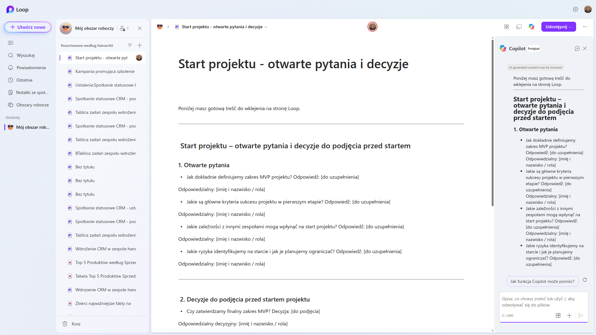 Strona Loop Start projektu - otwarte pytania i decyzje z wklejoną listą pytań, gdzie pod każdym jest miejsce na odpowiedź i osobę odpowiedzialną