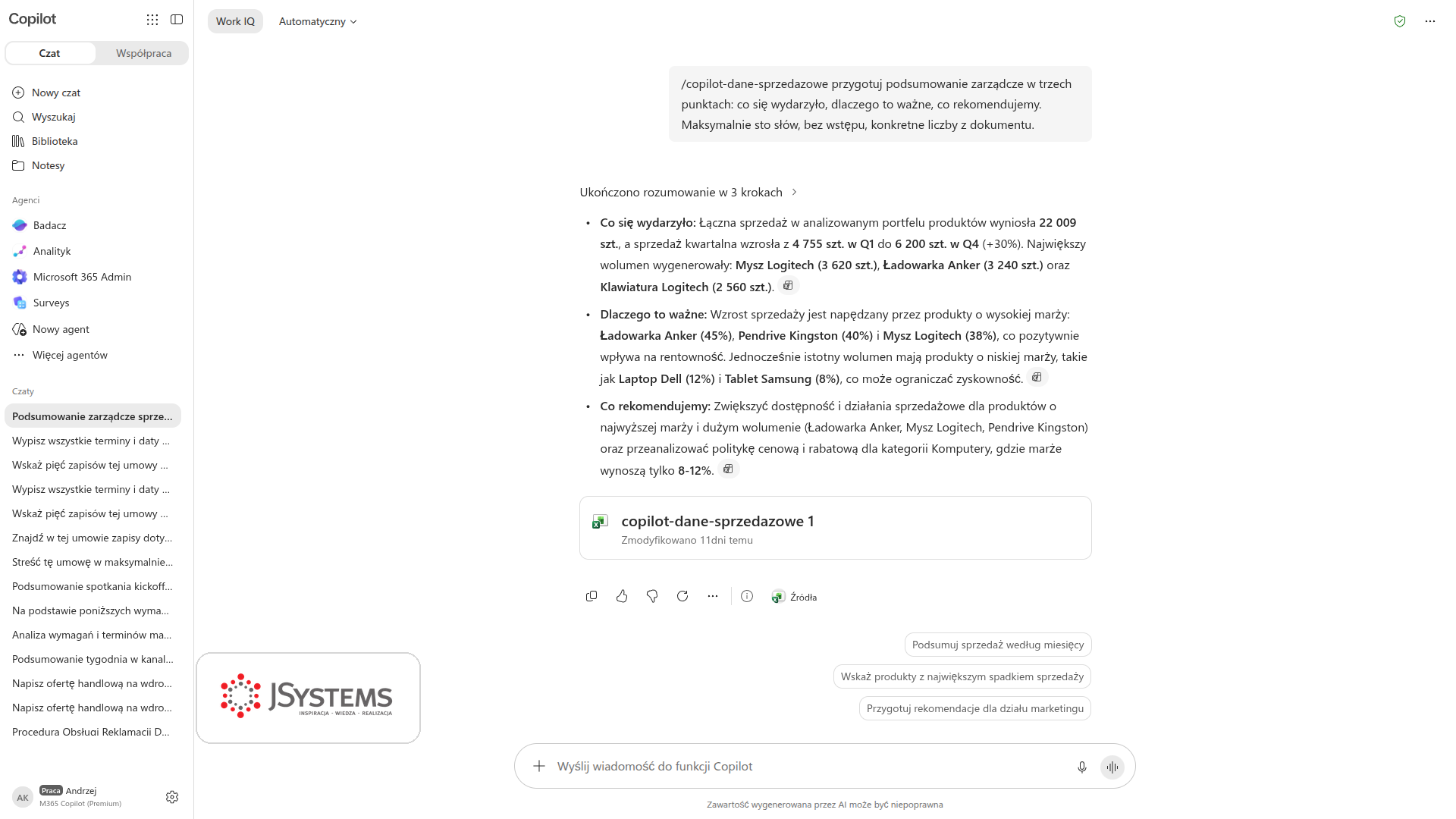 Copilot Chat przygotowuje podsumowanie zarządcze z pliku sprzedażowego z konkretnymi wolumenami i wzrostem kwartalnym