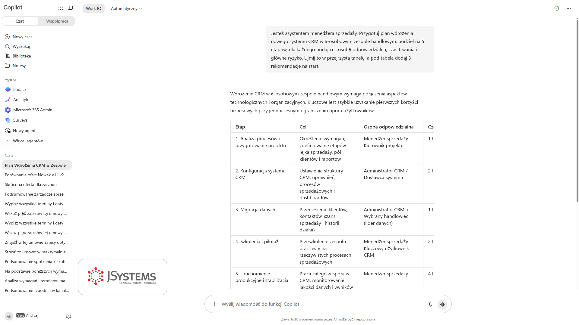 Copilot Chat układa plan wdrożenia systemu CRM w sześcioosobowym zespole handlowym w formie tabeli etapów