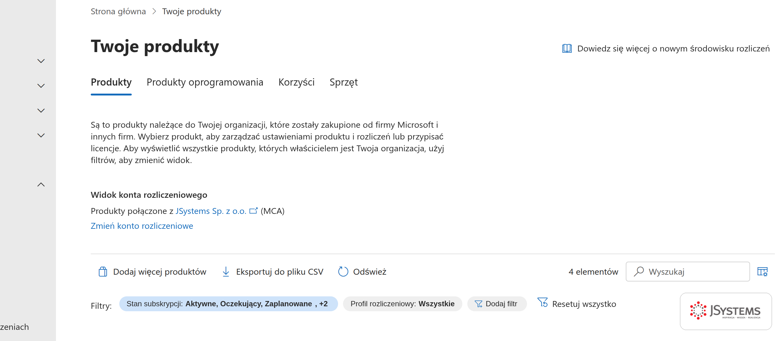 Ekran Rozliczenia i Twoje produkty w centrum administracyjnym Microsoft 365 z listą subskrypcji: Microsoft 365 Business Basic, Business Standard, Microsoft 365 Copilot i Microsoft Entra ID Free, z kolumnami przypisanych, zakupionych i dostępnych licencji
