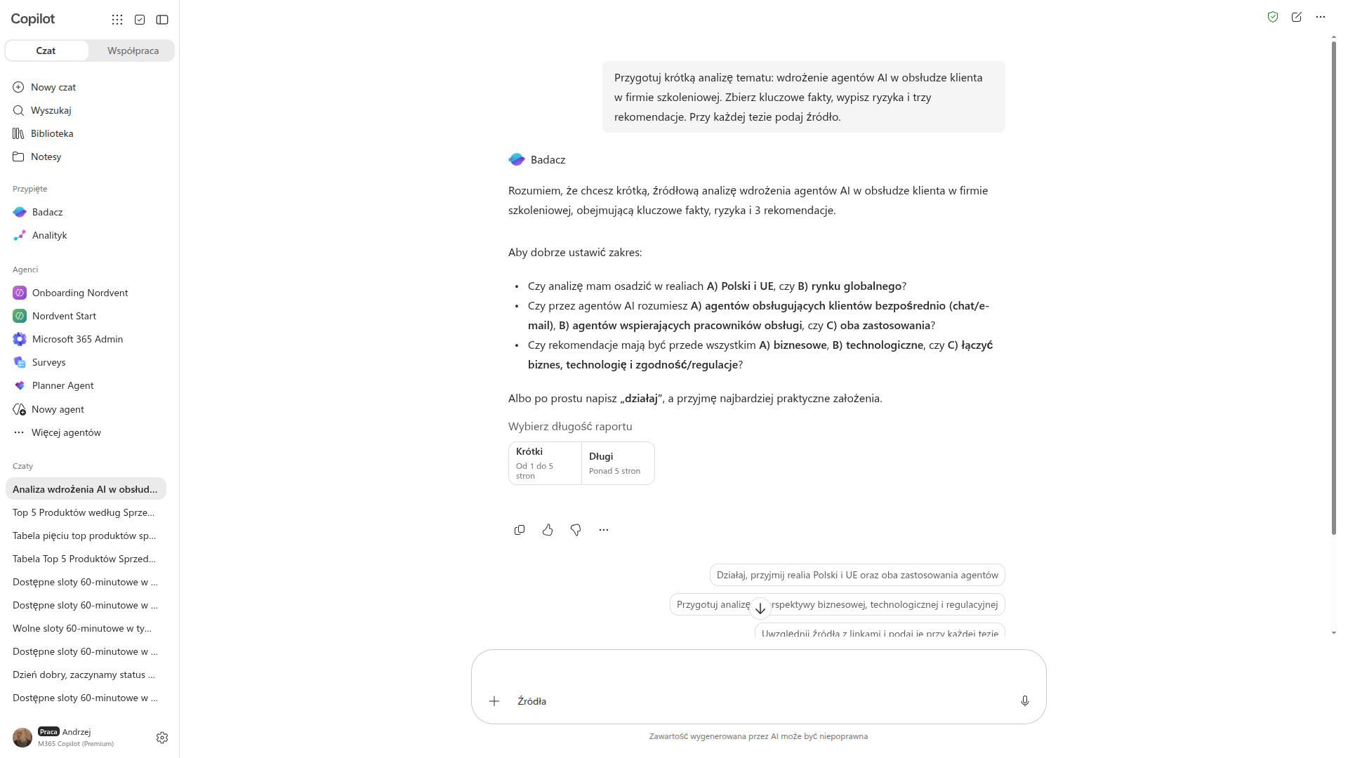 Agent Badacz w Copilot Chat dopytuje o zakres analizy wdrożenia agentów AI i proponuje wybór długości raportu