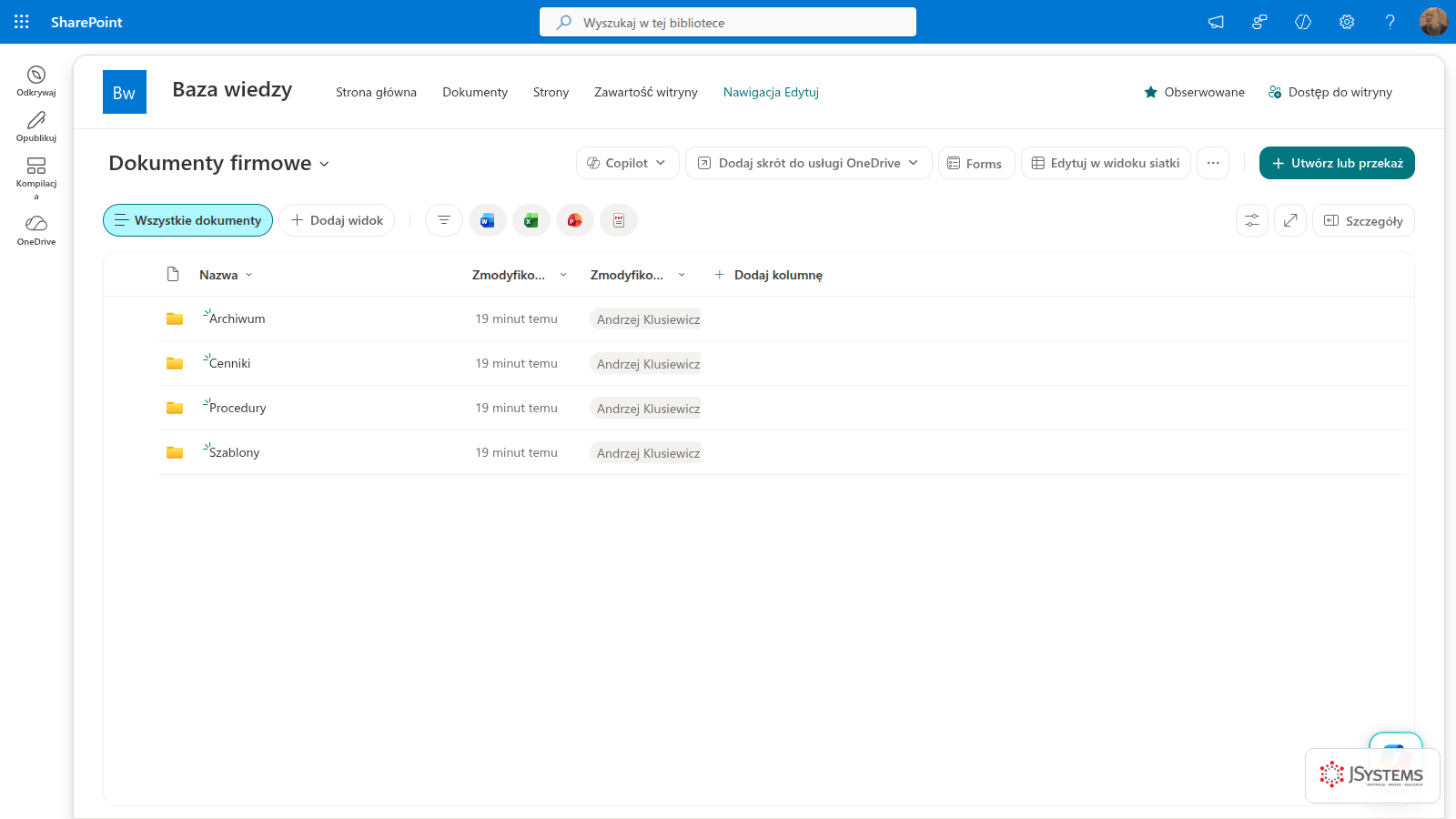 Biblioteka SharePoint Dokumenty firmowe z folderami Archiwum, Cenniki, Procedury i Szablony