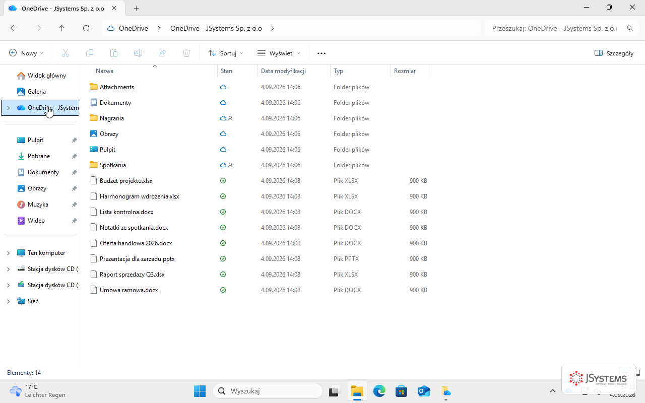 Eksplorator Windows z folderem OneDrive: kolumna Stan pokazuje ikony synchronizacji przy każdym pliku i folderze