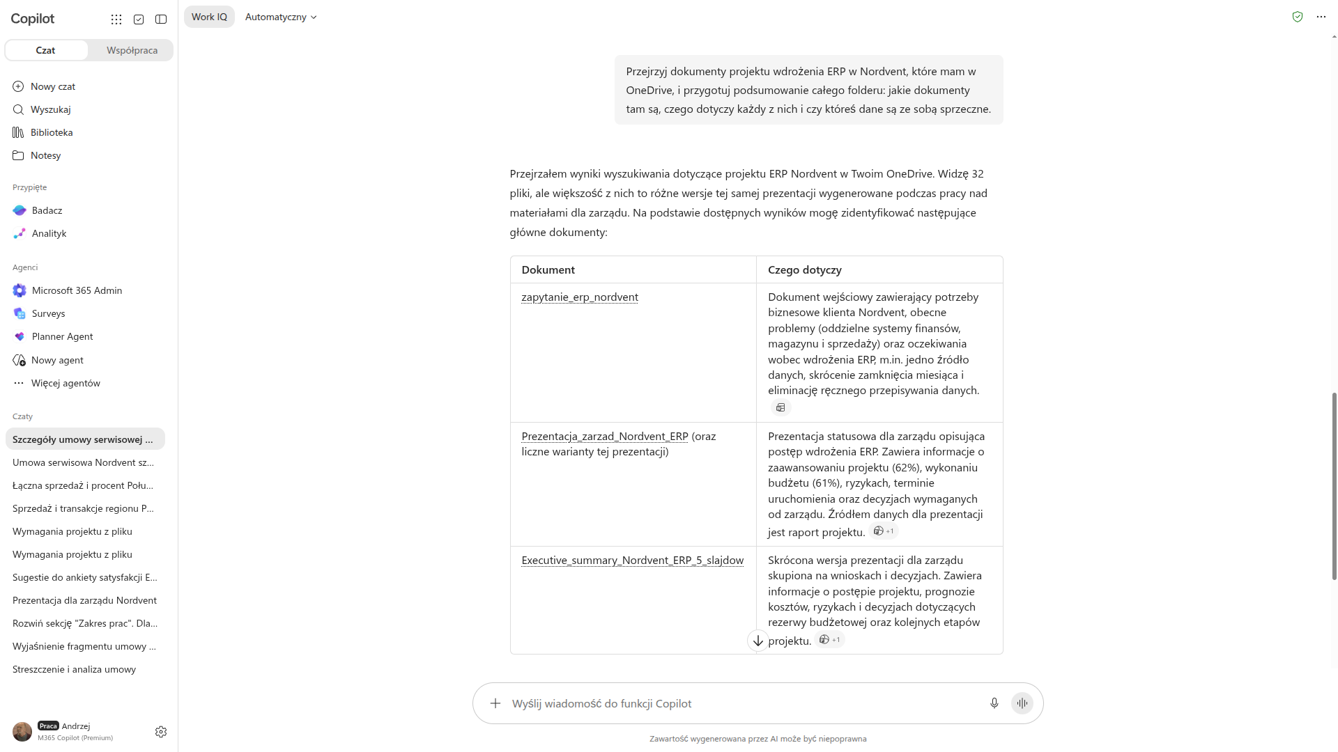 Copilot podsumowuje zawartość folderu projektu ERP w OneDrive, wypisując dokumenty w tabeli z opisem każdego