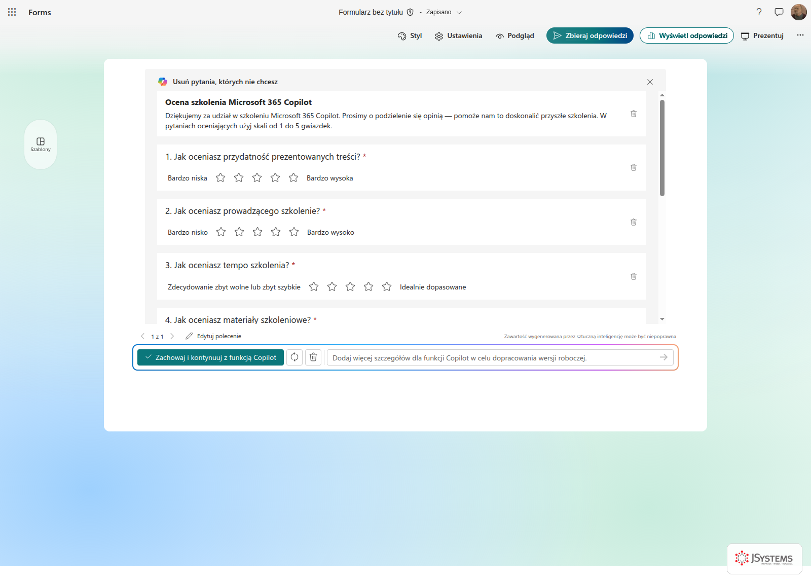 Copilot w Microsoft Forms tworzy ankietę oceny szkolenia z pytaniami o organizację, przydatność i NPS