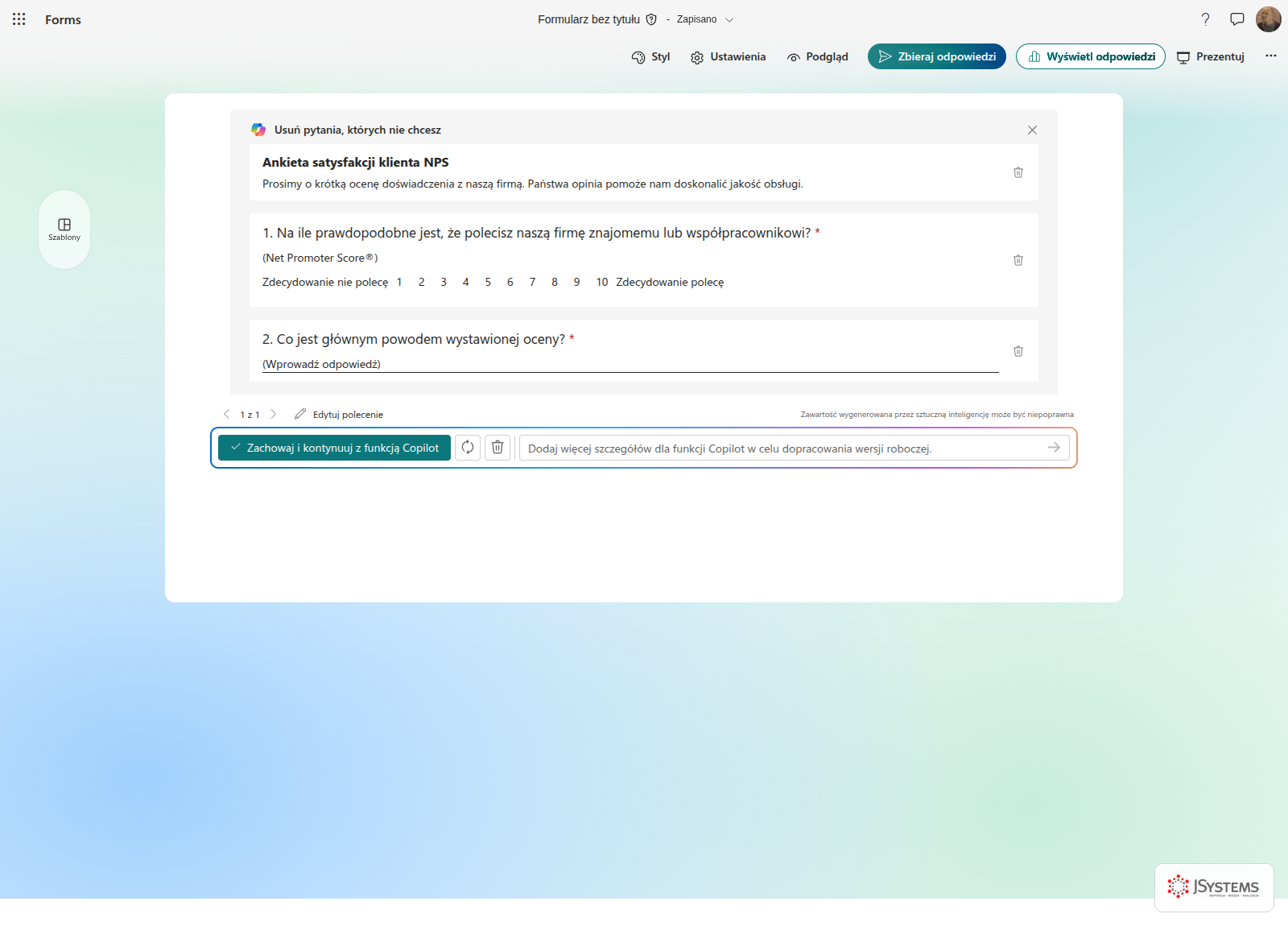 Copilot w Microsoft Forms tworzy krótką ankietę satysfakcji klienta opartą na NPS
