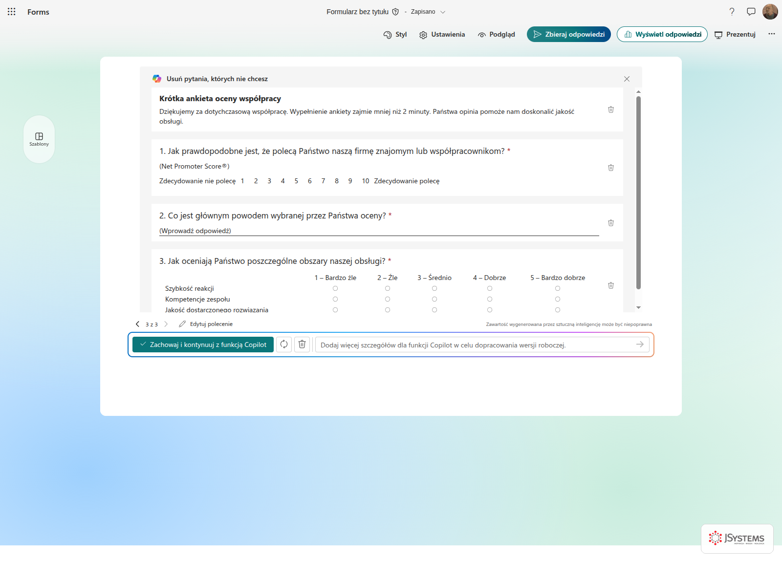Microsoft Forms po przeredagowaniu ankiety na uprzejmy ton dla klientów biznesowych