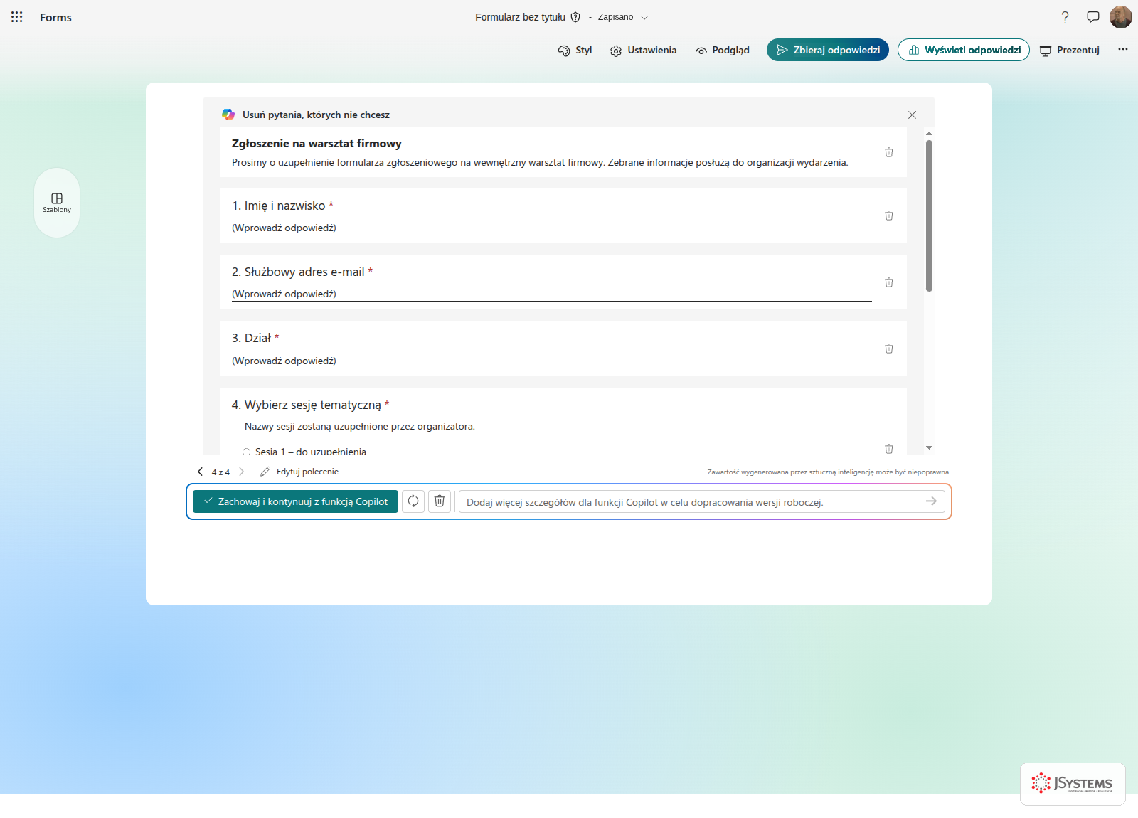 Copilot w Microsoft Forms tworzy formularz zgłoszeniowy na wewnętrzny warsztat firmowy