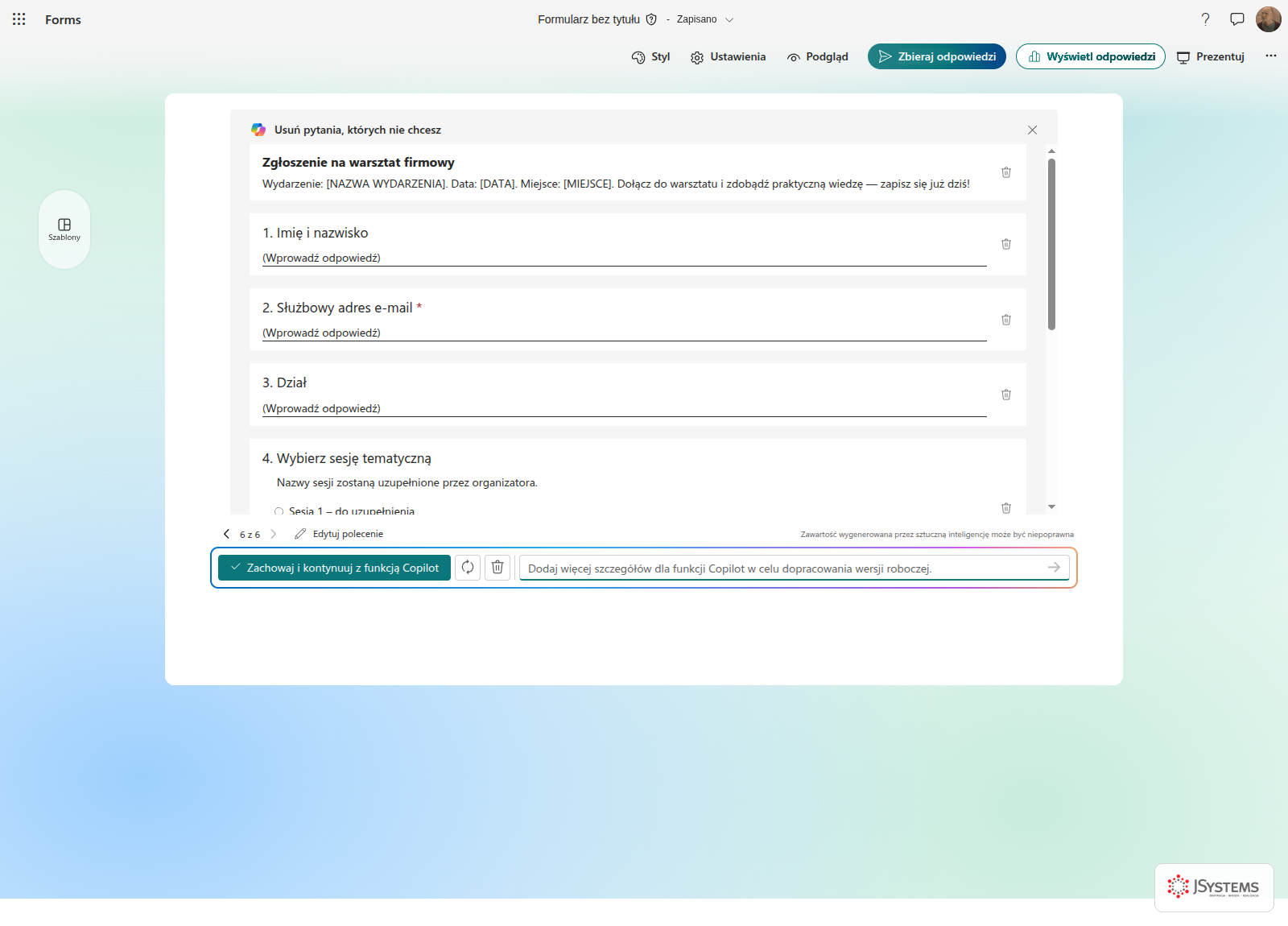 Microsoft Forms z opisem wydarzenia na początku formularza i placeholderami na nazwę, datę i miejsce