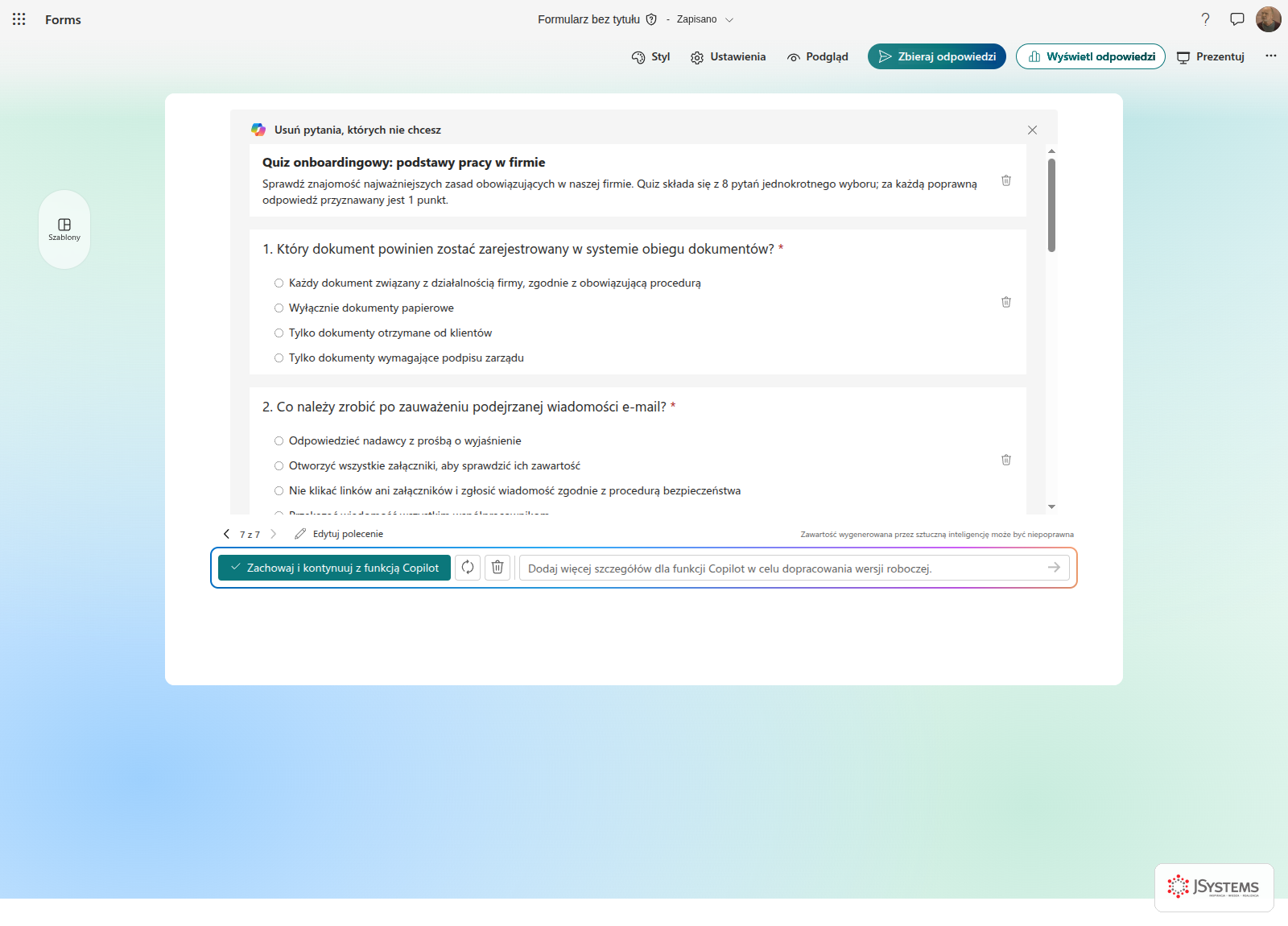 Copilot w Microsoft Forms tworzy quiz onboardingowy dla nowych pracowników z punktacją