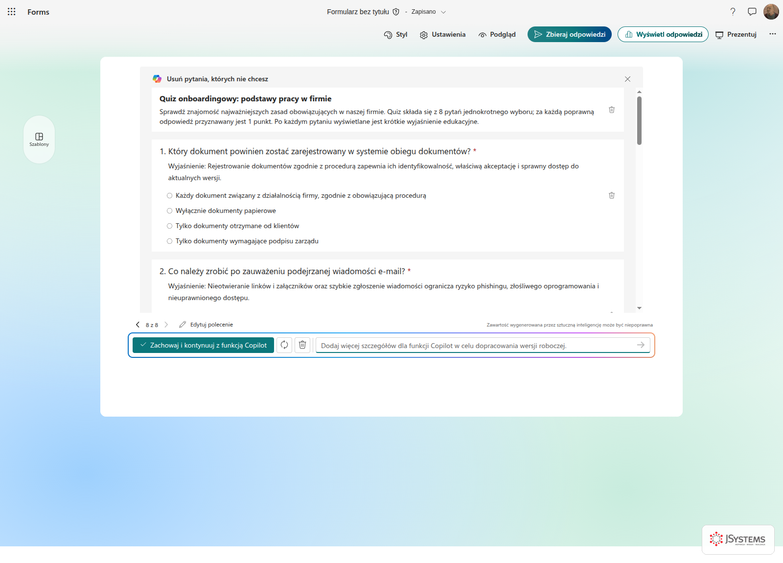 Microsoft Forms z quizem, do którego Copilot dopisał wyjaśnienia wyświetlane po udzieleniu odpowiedzi