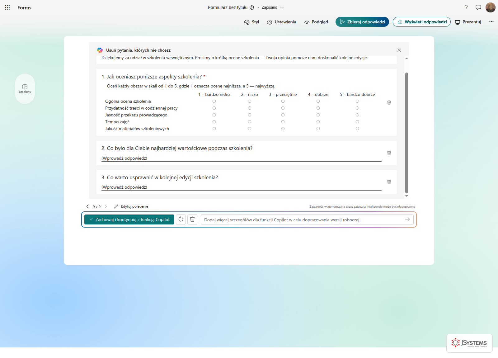 Copilot w Microsoft Forms tworzy ankietę poszkoleniową mierzącą ocenę szkolenia, trenera i przydatność treści
