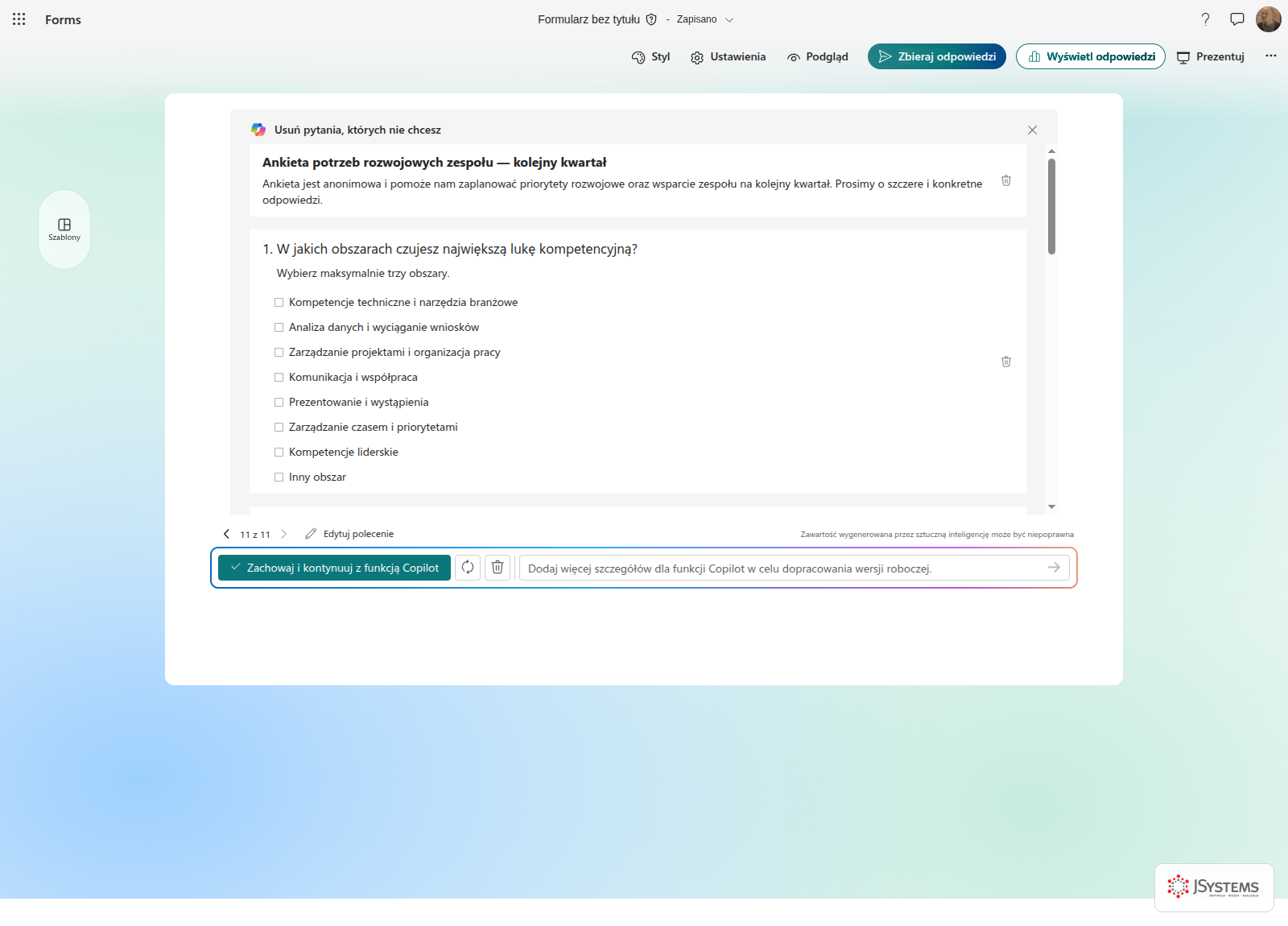 Copilot w Microsoft Forms tworzy anonimową ankietę badającą potrzeby rozwojowe zespołu na kolejny kwartał