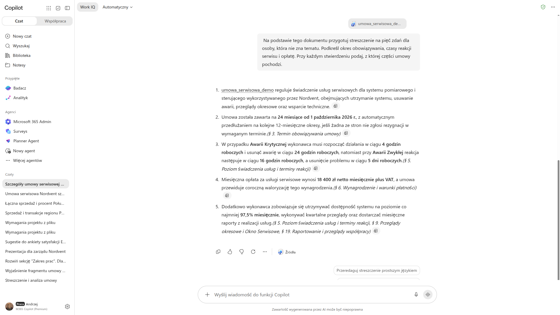 Copilot streszcza umowę serwisową Nordvent w pięciu zdaniach, wskazując części dokumentu, z których pochodzą informacje