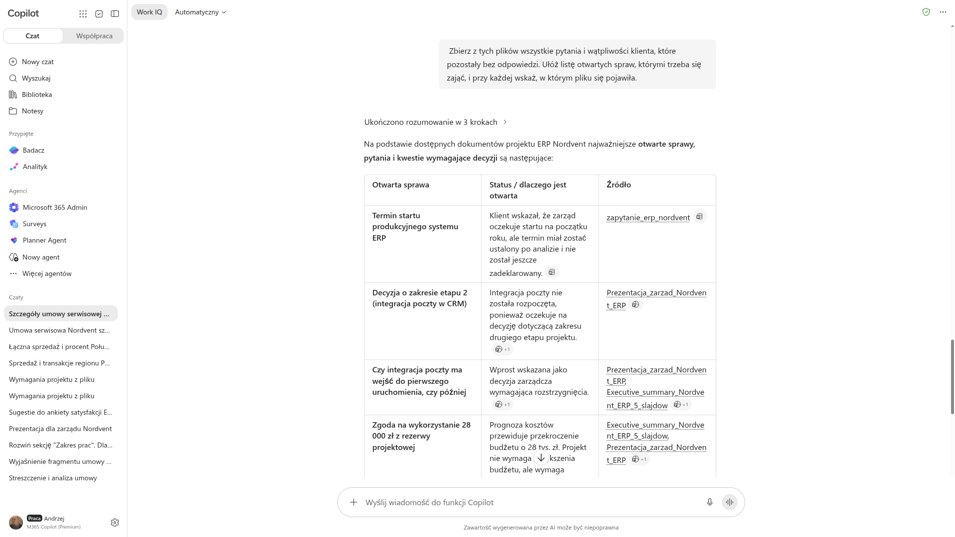 Copilot zbiera otwarte sprawy z dokumentów projektu ERP i podaje przy każdej dokument źródłowy