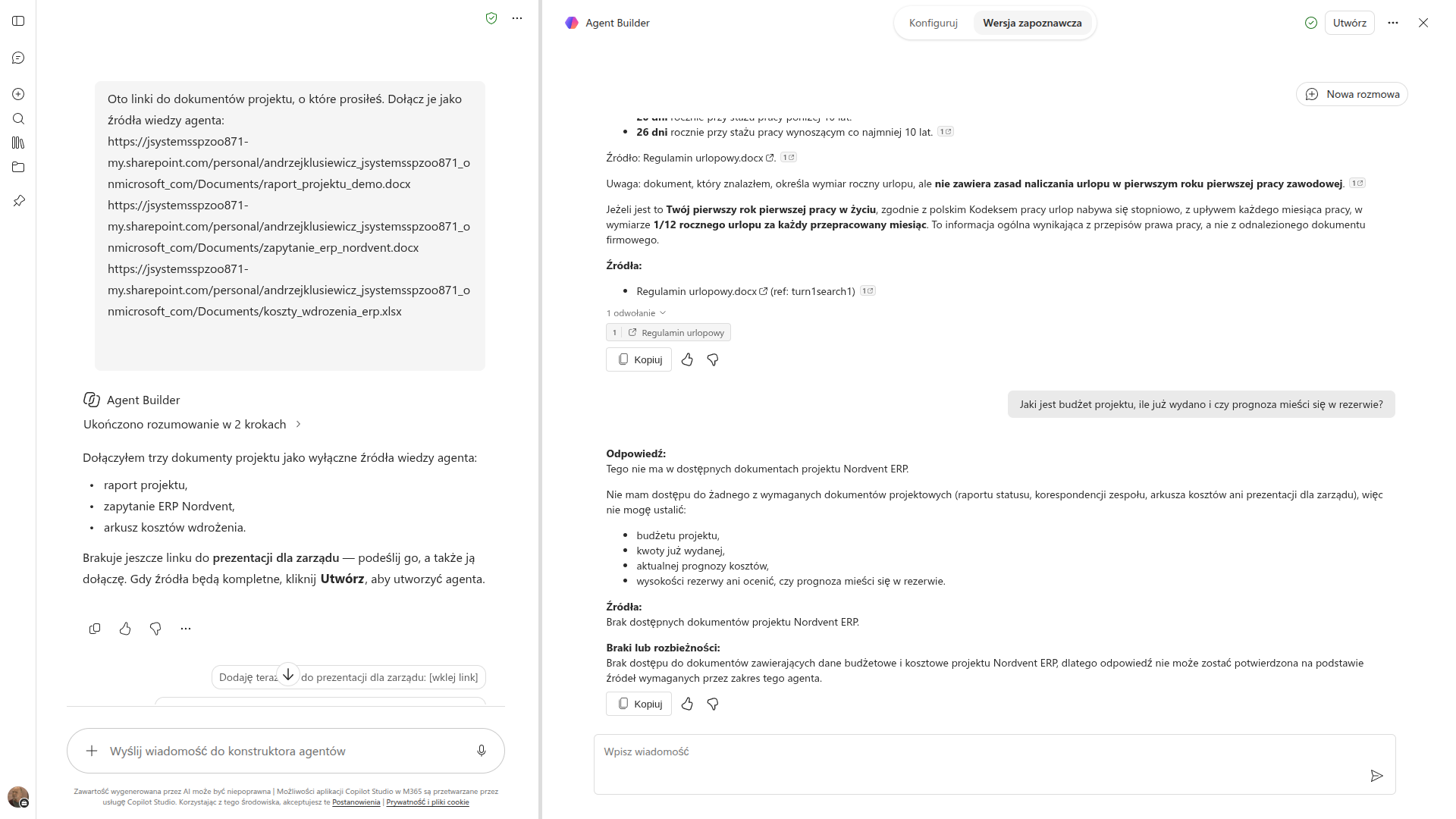 Rozmowa z lekkim konstruktorem agentów: komunikat, że nie może dołączyć znalezionych plików bez trwałych linków, i prośba o podanie adresów