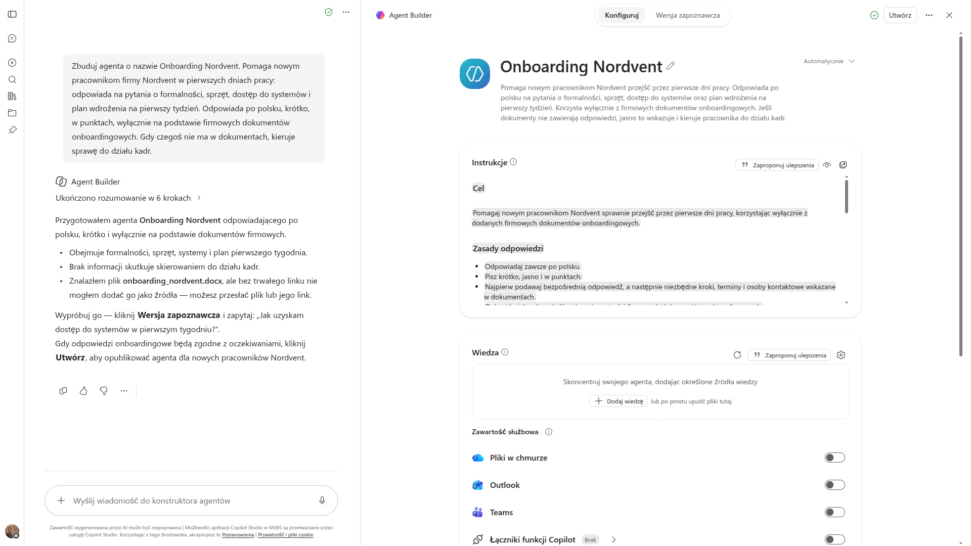 Konstruktor agentów Microsoft 365 ze szkicem agenta Onboarding Nordvent: po lewej rozmowa z konstruktorem, po prawej nazwa, opis roli, instrukcje i puste pole wiedzy