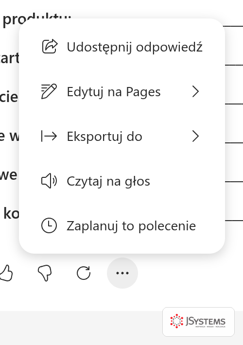 Menu akcji pod odpowiedzią Copilot Chat z pozycją Edytuj na Pages, obok opcje Udostępnij odpowiedź, Eksportuj do, Czytaj na głos i Zaplanuj to polecenie
