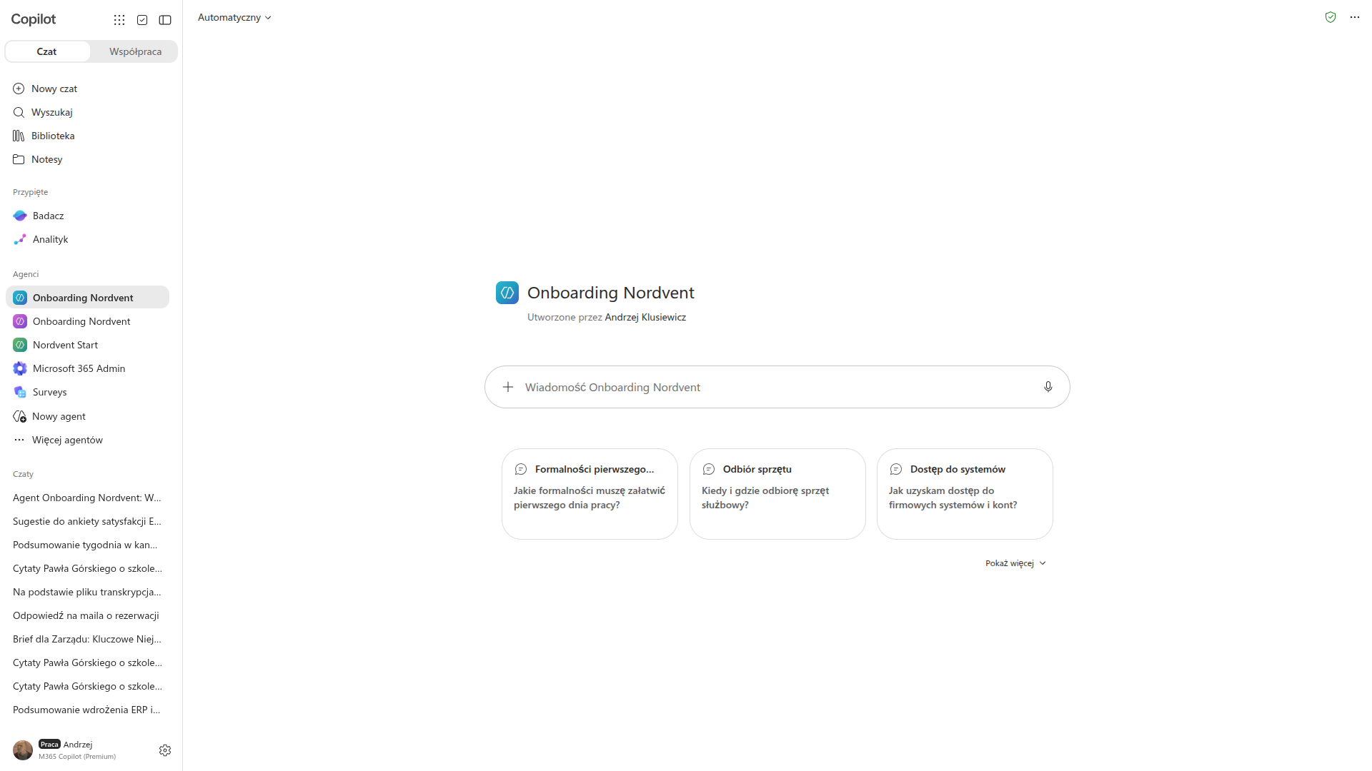 Agent Onboarding Nordvent otwarty w Copilot Chat: własna ikona, pole Wiadomość Onboarding Nordvent i trzy gotowe zaczepki do rozmowy