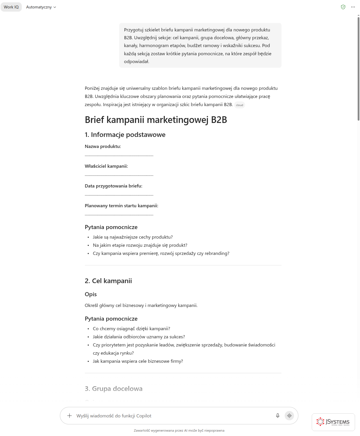 Copilot Chat z gotowym szkieletem briefu kampanii B2B: sekcje od celu po wskaźniki sukcesu, pod każdą pytania pomocnicze