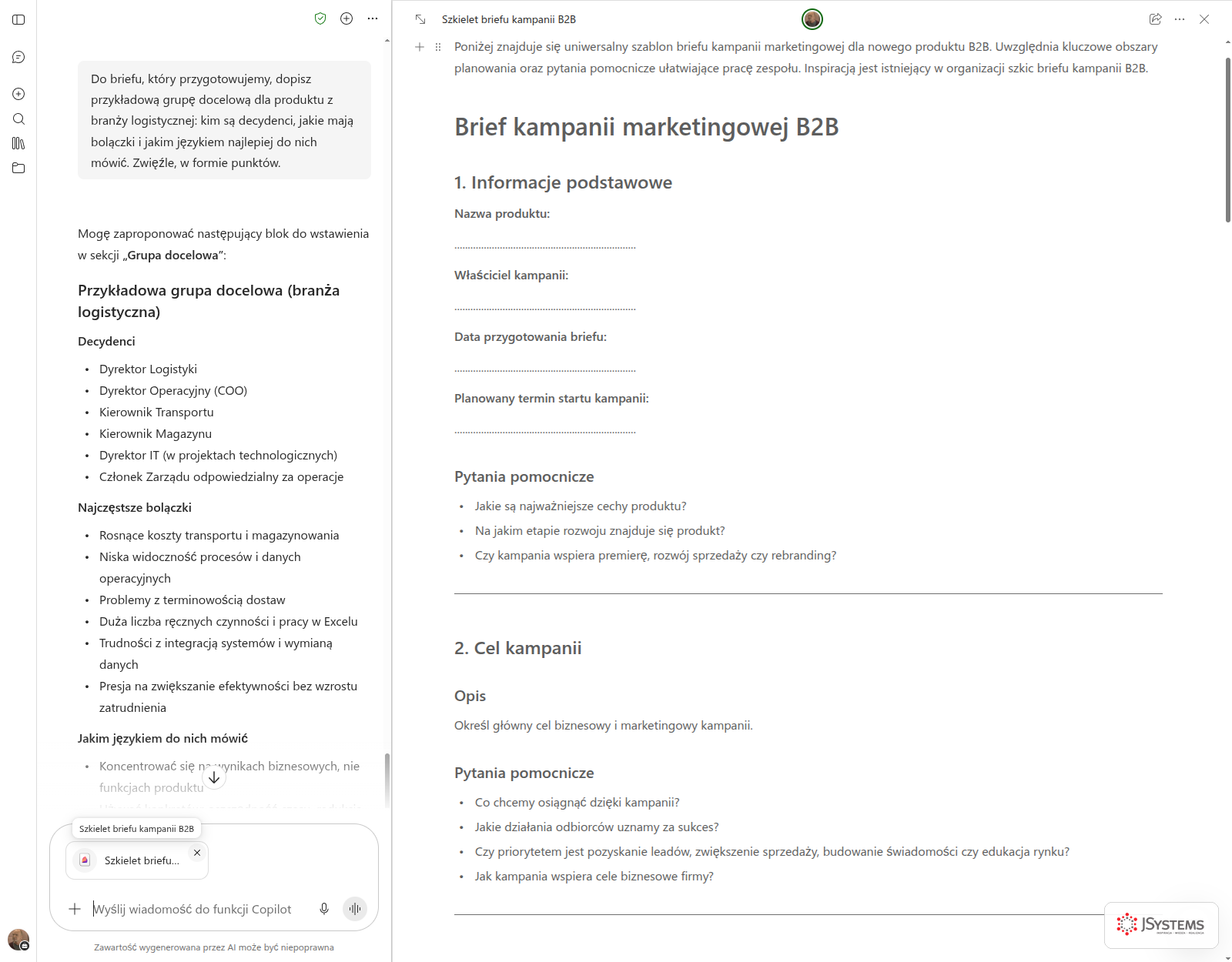 Copilot Chat proponuje grupę docelową dla produktu logistycznego, po prawej otwarta strona z briefem