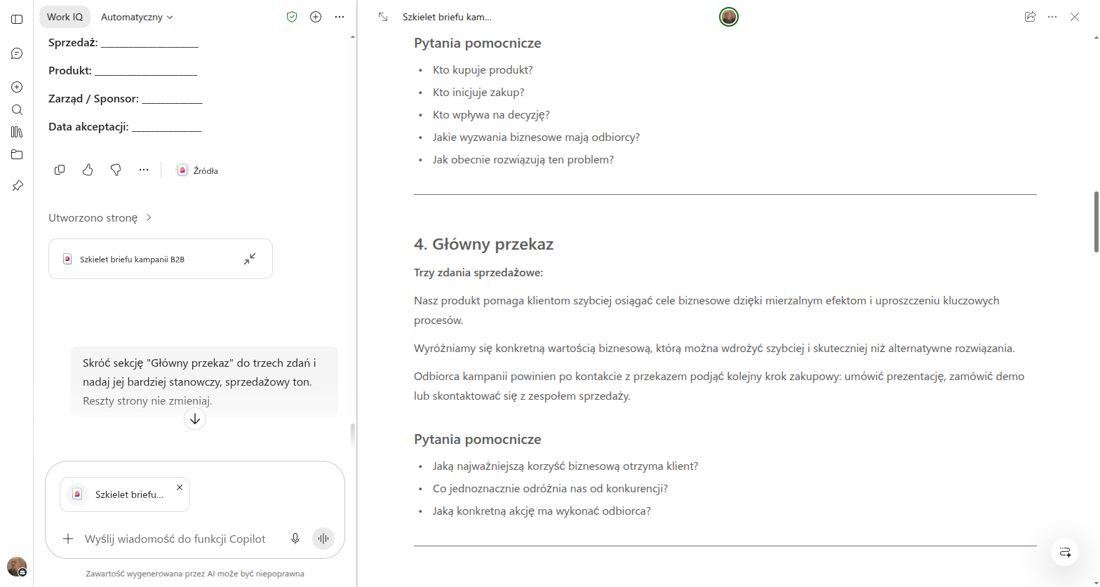 Skrócona sekcja Główny przekaz w trzech zdaniach o sprzedażowym tonie, widoczna w prawym panelu Copilot Pages obok polecenia, które ją zmieniło