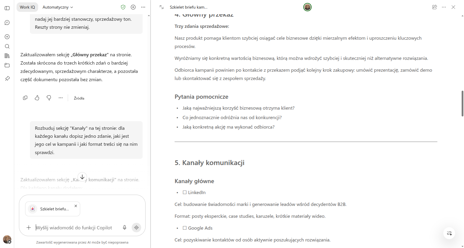 Rozbudowana sekcja Kanały komunikacji w prawym panelu Copilot Pages: przy każdym kanale cel w kampanii i format treści