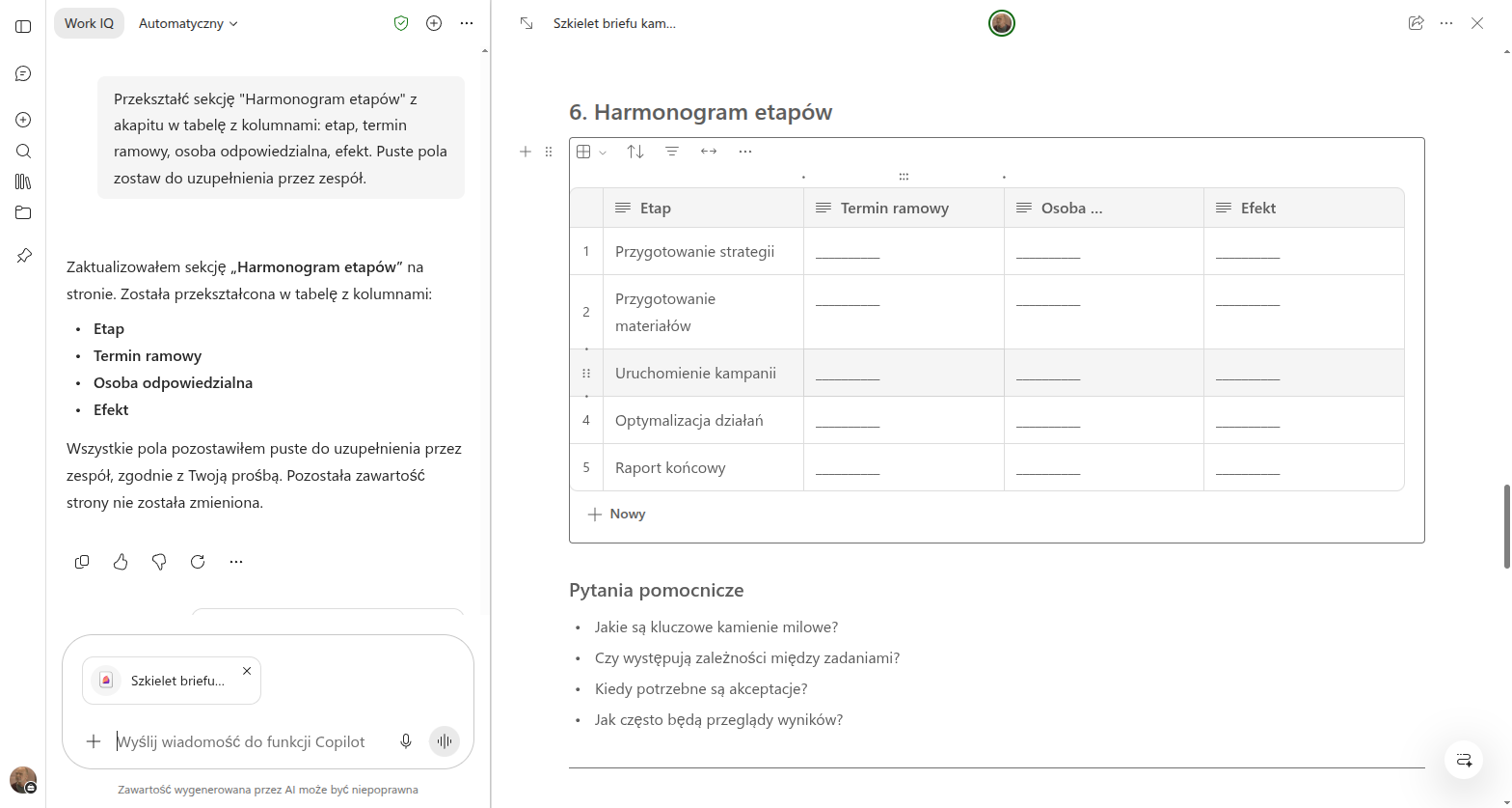 Sekcja Harmonogram etapów przekształcona w tabelę z kolumnami etap, termin ramowy, osoba odpowiedzialna i efekt, widoczna w prawym panelu Copilot Pages