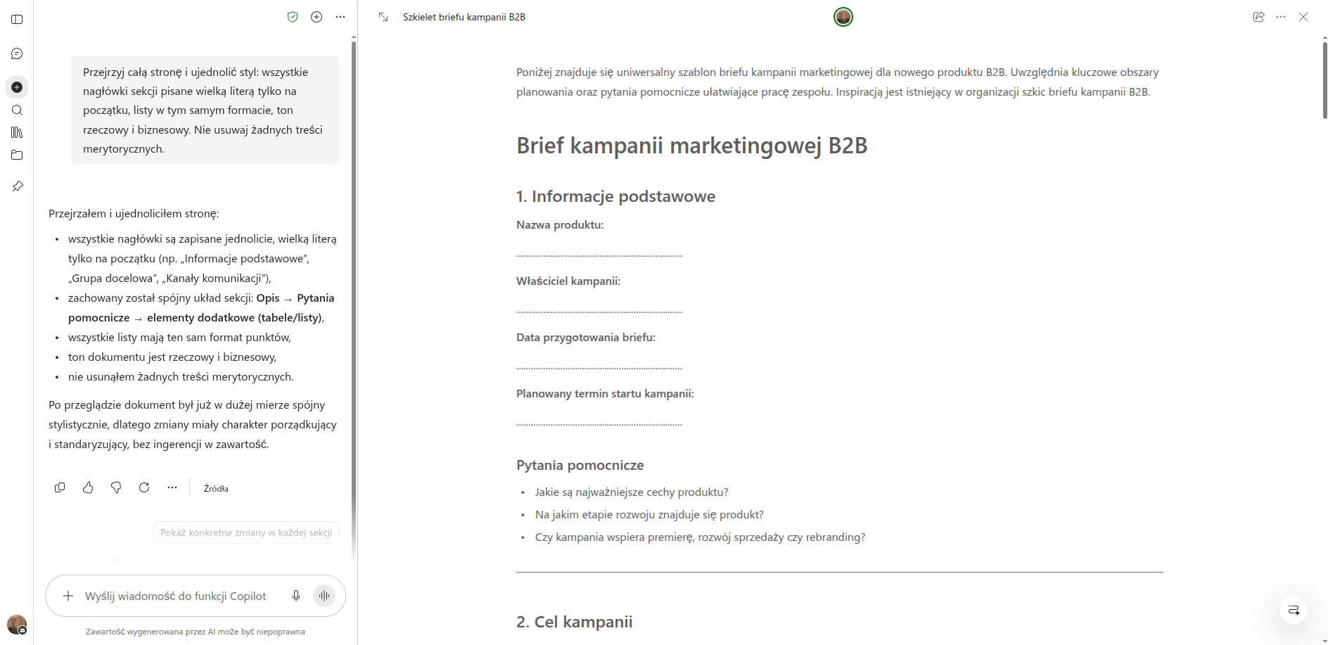 Copilot Chat proponuje ujednolicenie stylu całej strony: zapis nagłówków i format list