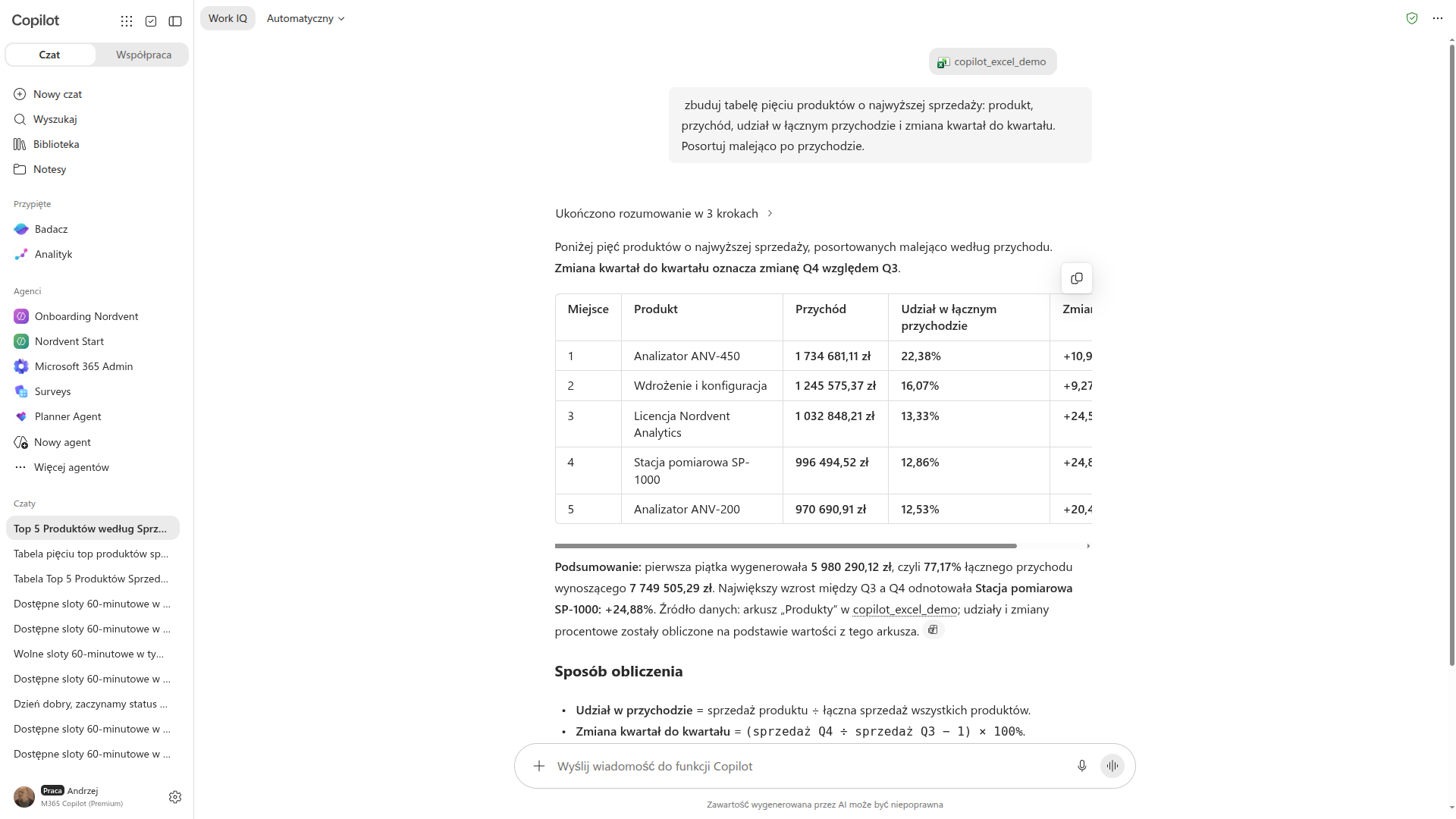 Copilot Chat z podpiętym skoroszytem buduje tabelę pięciu produktów o najwyższej sprzedaży z udziałem w przychodzie i zmianą kwartał do kwartału