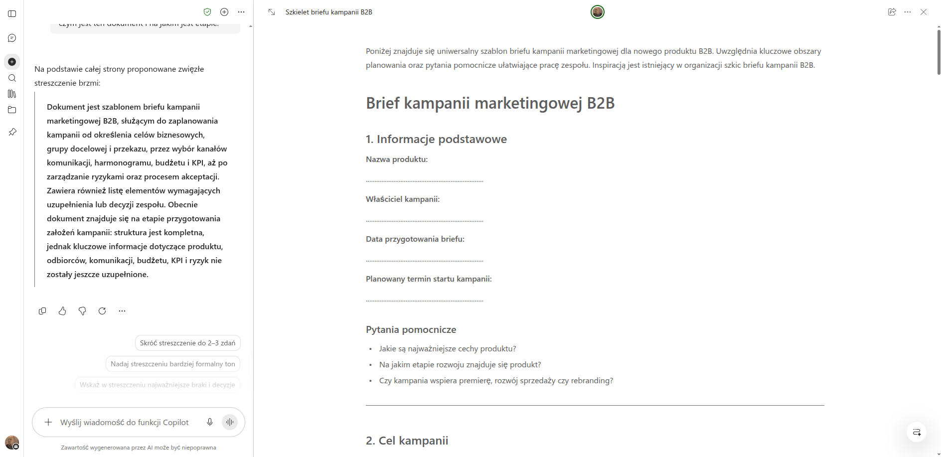 Copilot Chat proponuje jednoakapitowe streszczenie do wstawienia na górze strony