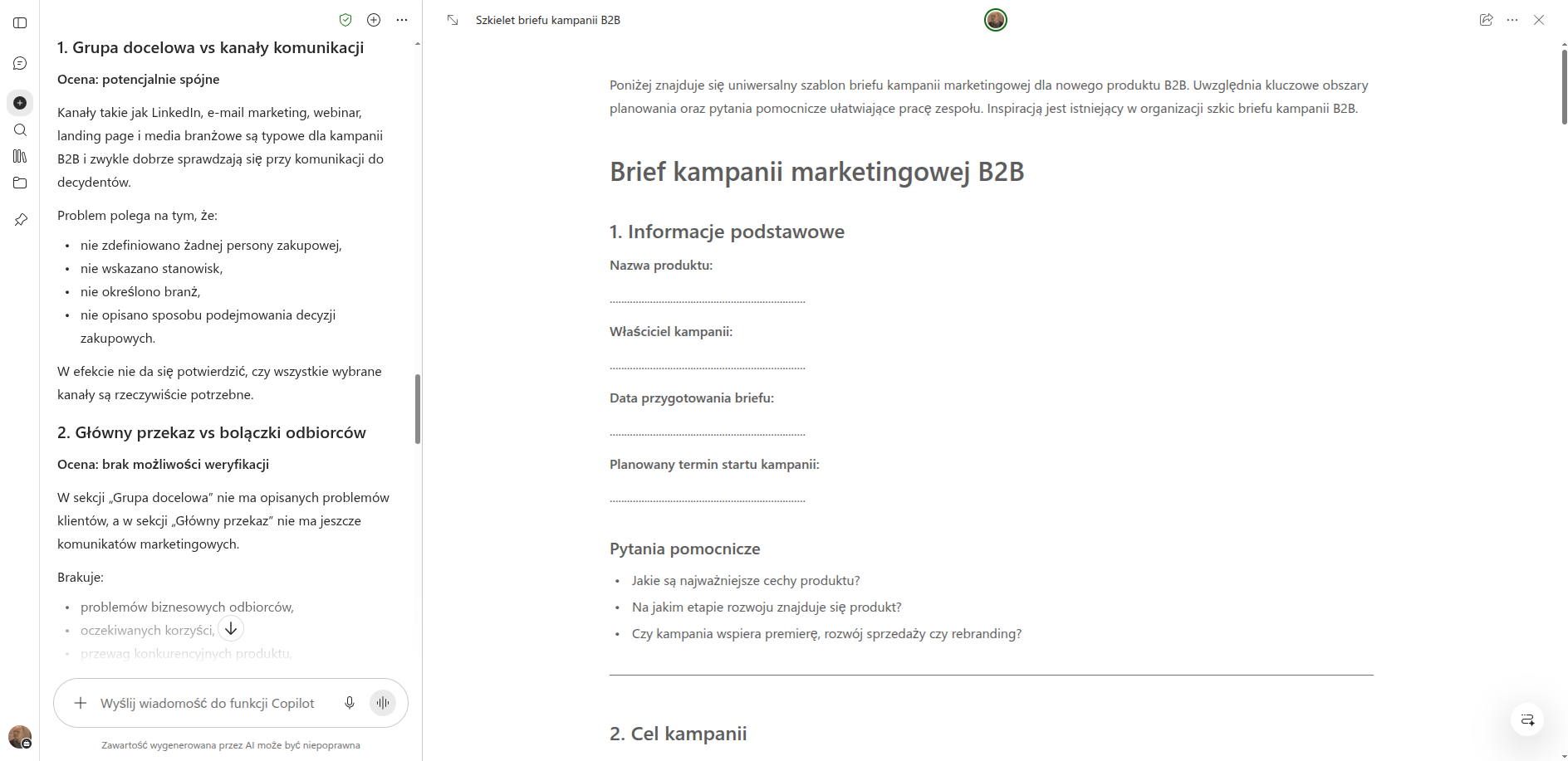 Copilot Chat sprawdza spójność briefu i wskazuje rozbieżności między grupą docelową a kanałami