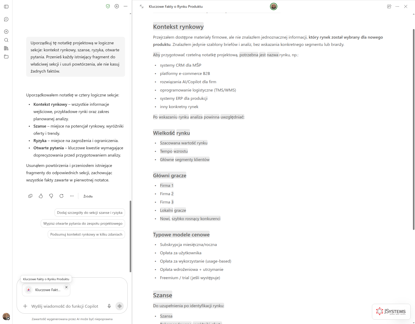 Copilot Pages po uporządkowaniu notatki w cztery sekcje: kontekst rynkowy, szanse, ryzyka i otwarte pytania, ze zmianami podświetlonymi na stronie