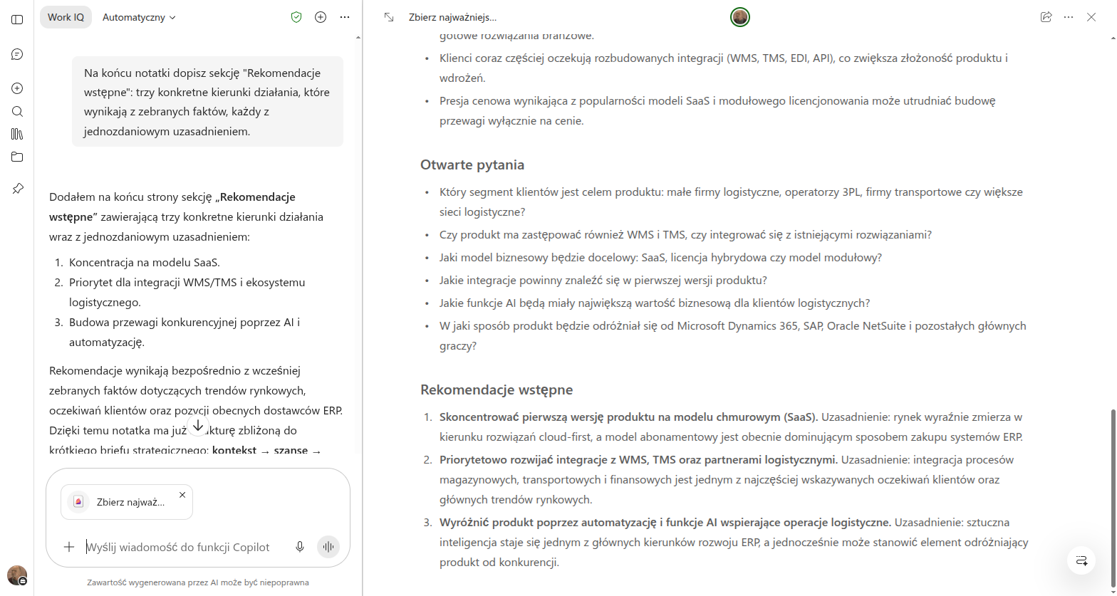 Sekcja Rekomendacje wstępne dopisana na końcu notatki projektowej w prawym panelu Copilot Pages, z trzema kierunkami działania i uzasadnieniem przy każdym