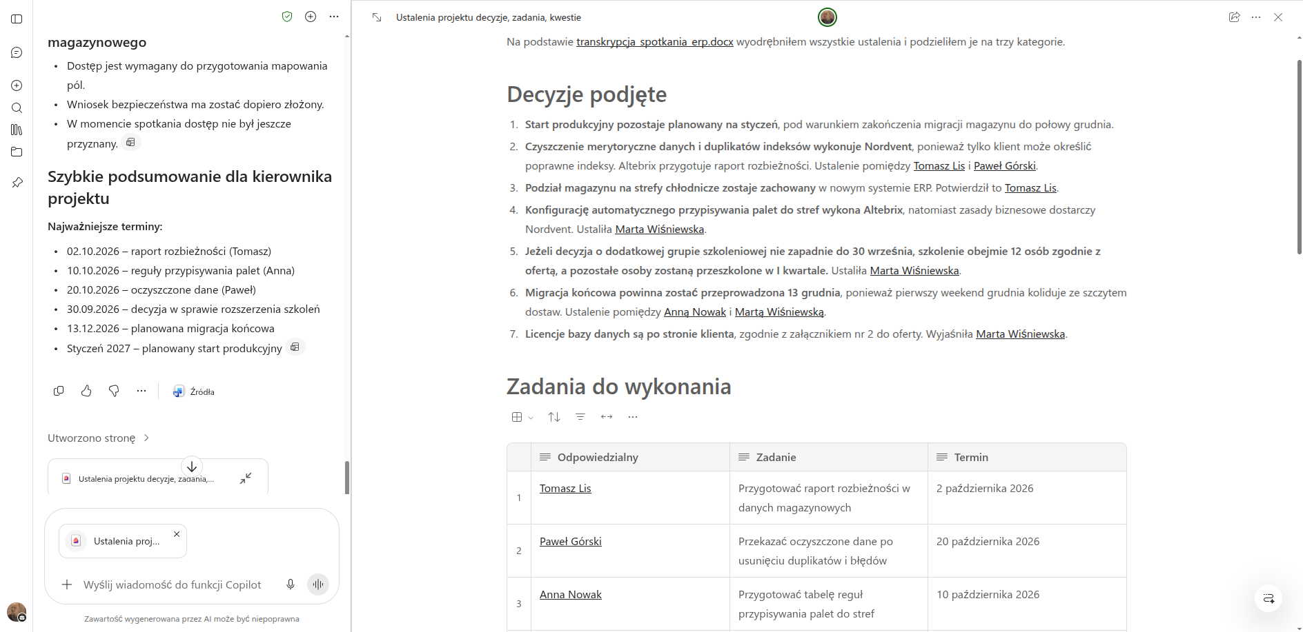 Copilot Pages z listą ustaleń wyciągniętych z transkrypcji spotkania wdrożeniowego ERP: siedem decyzji, przy każdej nazwisko osoby, która ją podjęła, oraz tabela zadań z terminami