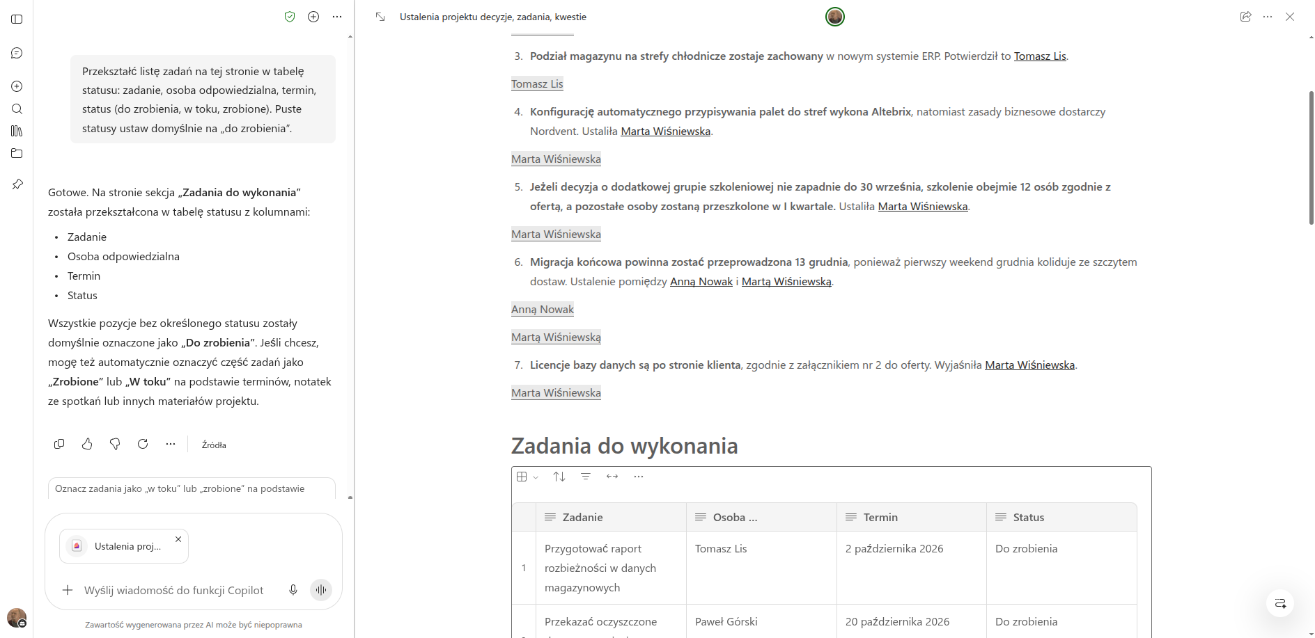 Tabela statusu w Copilot Pages: kolumny zadanie, osoba odpowiedzialna, termin i status, wypełnione nazwiskami i datami z transkrypcji spotkania projektowego