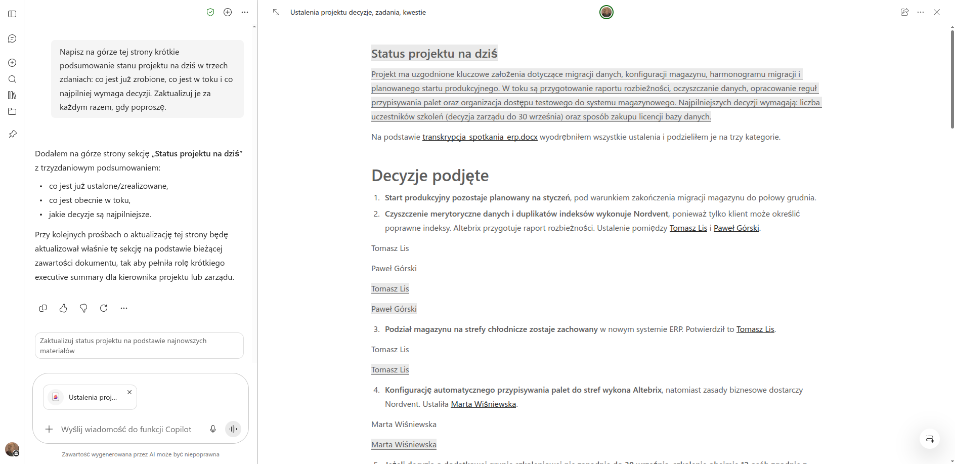 Blok „Status projektu na dziś” dopisany przez Copilota na górze strony Pages: trzy zdania o tym, co ustalone, co w toku i jakie decyzje są najpilniejsze