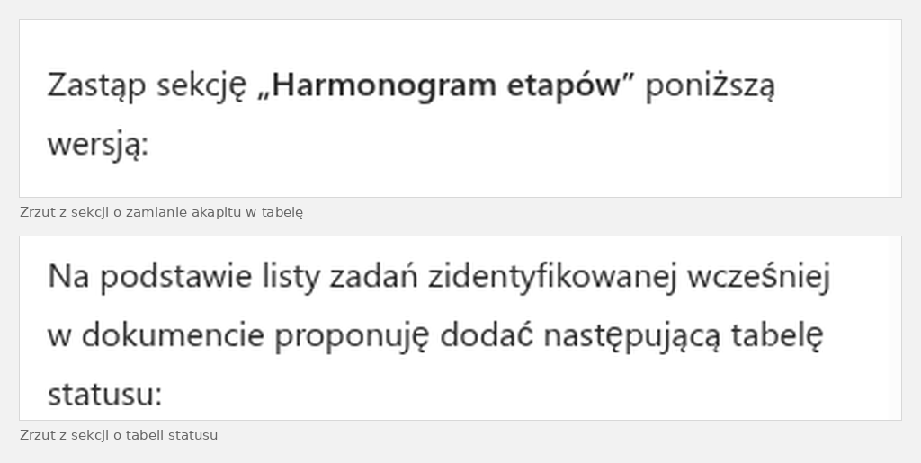Dwa fragmenty odpowiedzi Copilota w Pages: zdania otwierające propozycję zmiany, „Zastąp sekcję Harmonogram etapów poniższą wersją” oraz „proponuję dodać następującą tabelę statusu”