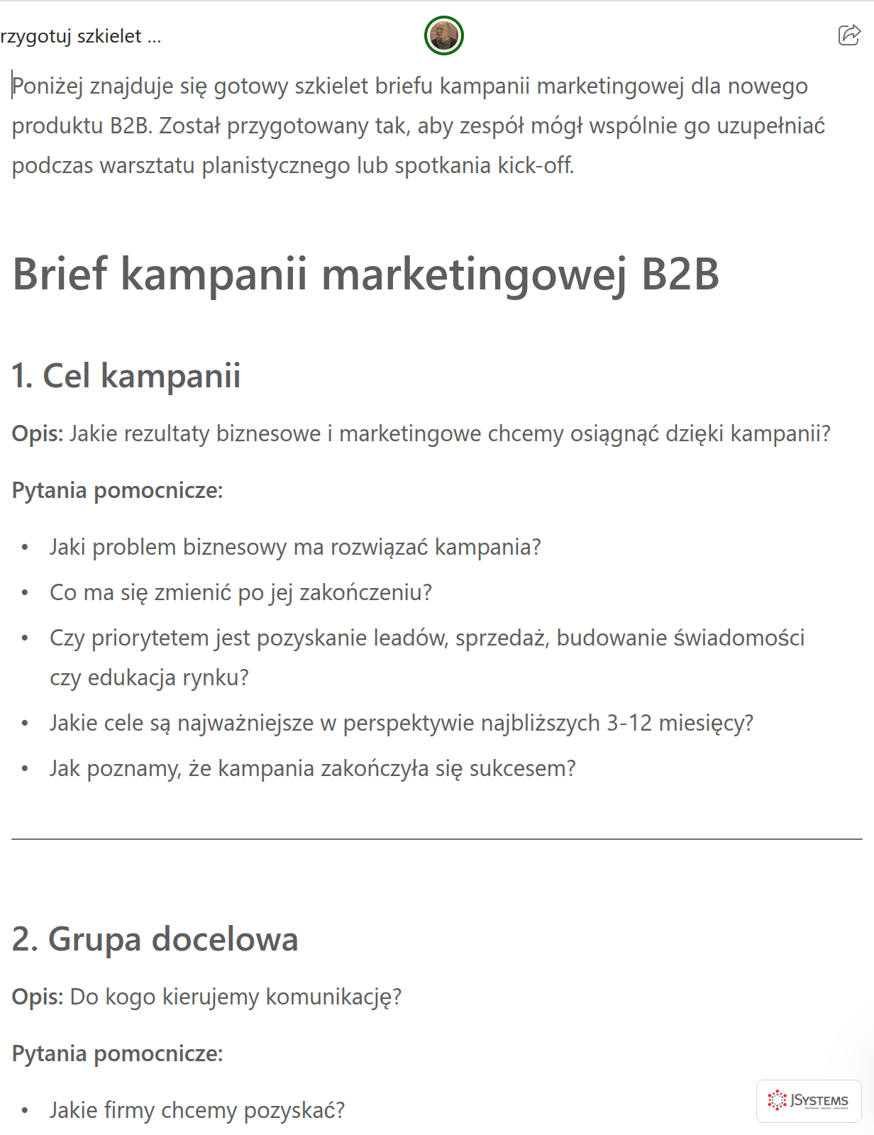 Copilot Pages ze szkieletem briefu kampanii B2B: nagłówki sekcji Cel kampanii i Grupa docelowa, pod każdym opis oraz lista pytań pomocniczych do uzupełnienia przez zespół