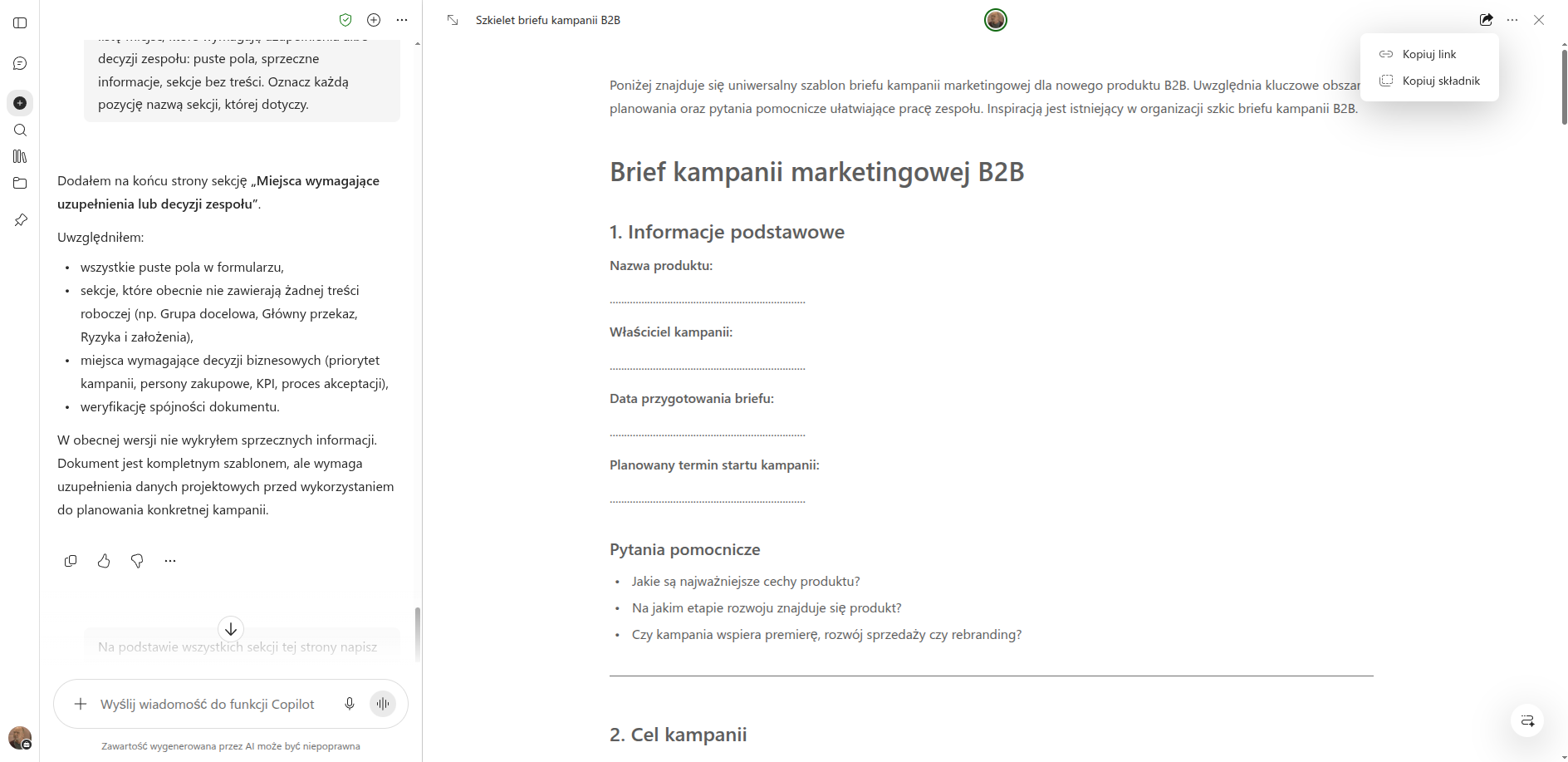 Menu udostępniania strony Copilot Pages otwarte w prawym górnym rogu panelu, z pozycjami Kopiuj link i Kopiuj składnik