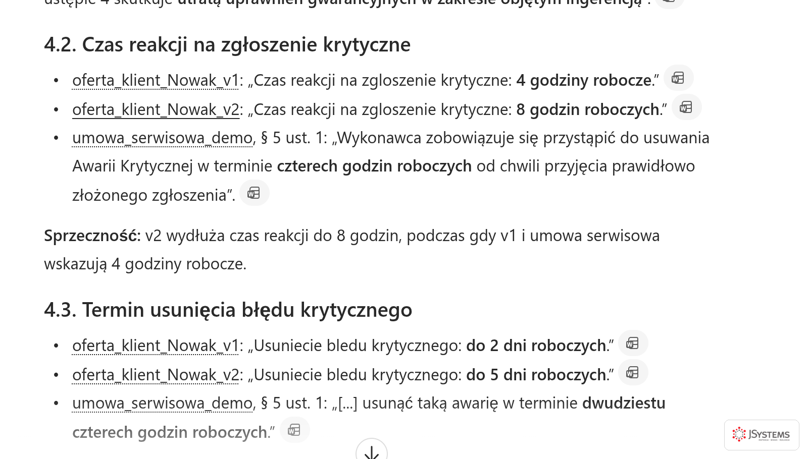 Wykryte sprzeczności między dokumentami projektu w Copilot Chat: czas reakcji na zgłoszenie krytyczne podany jako cztery godziny w pierwszej wersji oferty i w umowie, ale osiem godzin w wersji drugiej, przy każdym cytacie nazwa pliku i paragraf