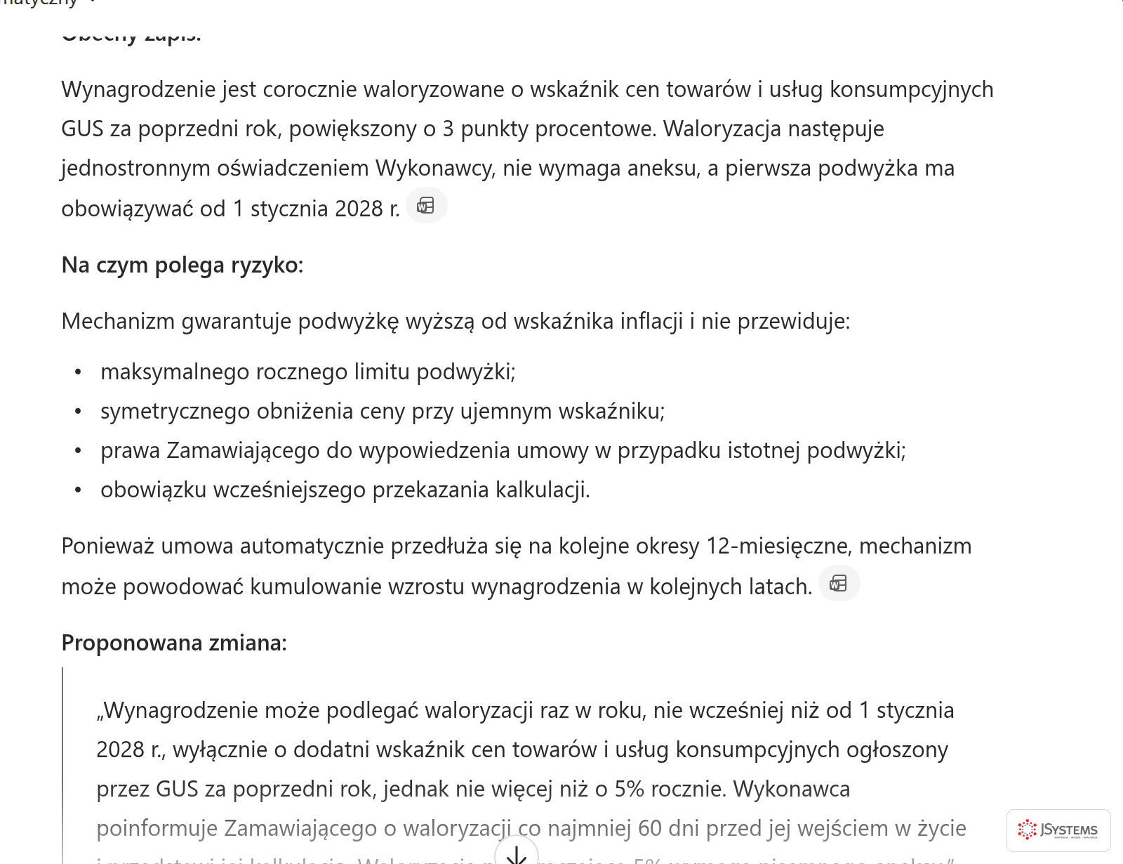 Analiza ryzykownego zapisu umowy w Copilot Chat: cytat obecnego brzmienia klauzuli waloryzacyjnej, wypunktowane wyjaśnienie ryzyka dla Zamawiającego oraz propozycja przeredagowanego zapisu z limitem podwyżki