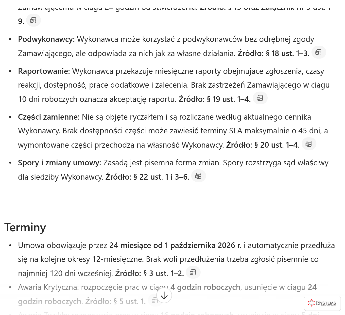 Streszczenie umowy serwisowej w Copilot Chat: punkty o podwykonawcach, raportowaniu, częściach zamiennych i sporach, każdy z odwołaniem do konkretnego paragrafu, poniżej osobny blok Terminy