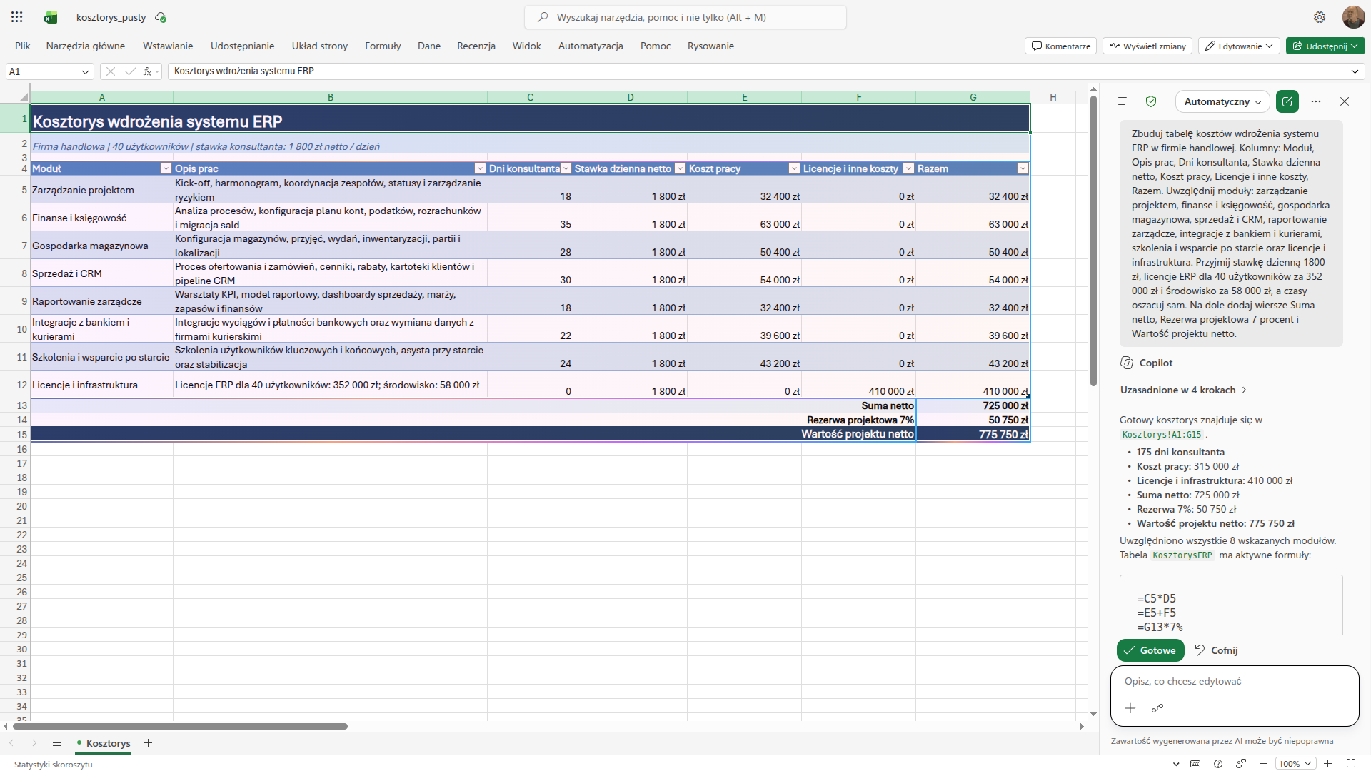 Excel z kosztorysem wdrożenia ERP zbudowanym przez Copilota: osiem modułów, stawka 1800 zł, licencje dla 40 użytkowników i podsumowanie z rezerwą projektową