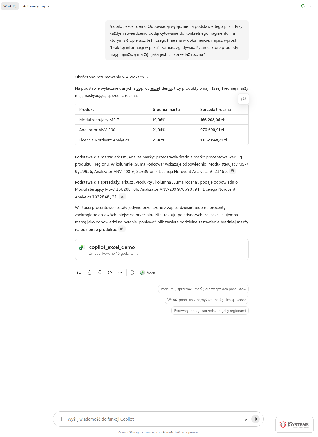 Copilot Chat odpowiada wyłącznie na podstawie wskazanego skoroszytu, podając arkusze, z których pochodzą liczby