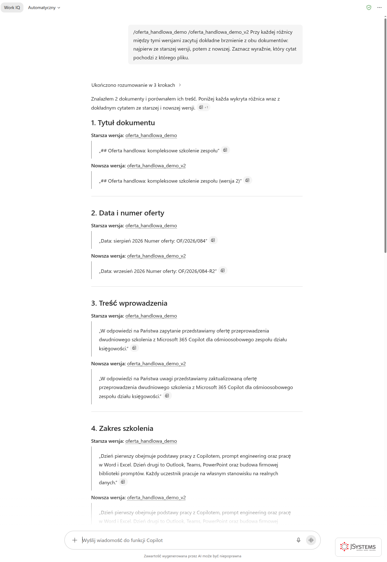 Copilot Chat cytuje dokładne brzmienie każdej różnicy z obu wersji dokumentu, z nazwą pliku przy cytacie