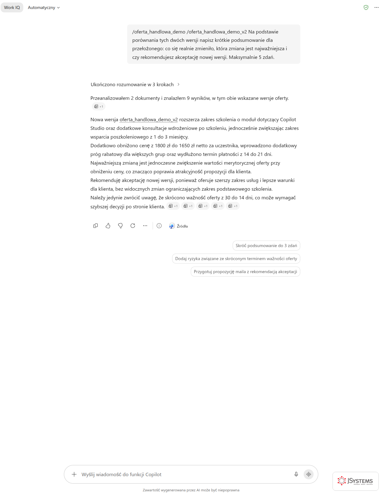 Copilot Chat streszcza przełożonemu różnice między dwiema wersjami oferty i wydaje rekomendację