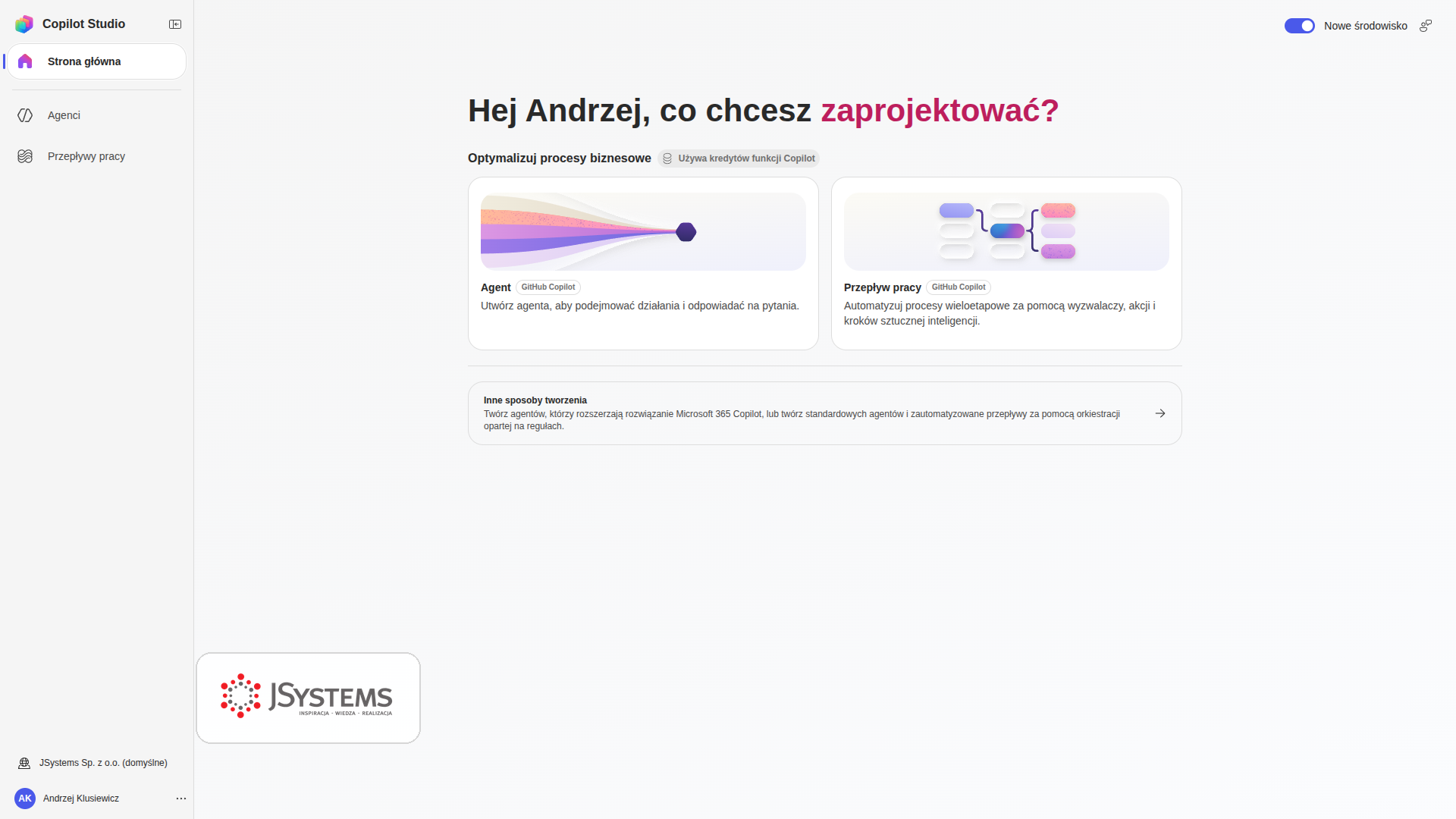 Ekran startowy Copilot Studio po polsku z pytaniem Hej Andrzej, co chcesz zaprojektowac oraz kaflami Agent i Przeplyw pracy do tworzenia wlasnego agenta Copilota
